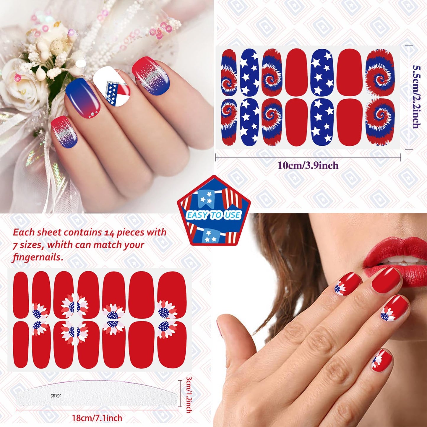 JERCLITY 224 Pieces 16 Sheets Independence Day Nail Polish Strips Patriotic American Flag Nail Wraps Nail Art Stickers 4th of July Self-Adhesive Solid Color Nail Decals Manicure for Memorial Day