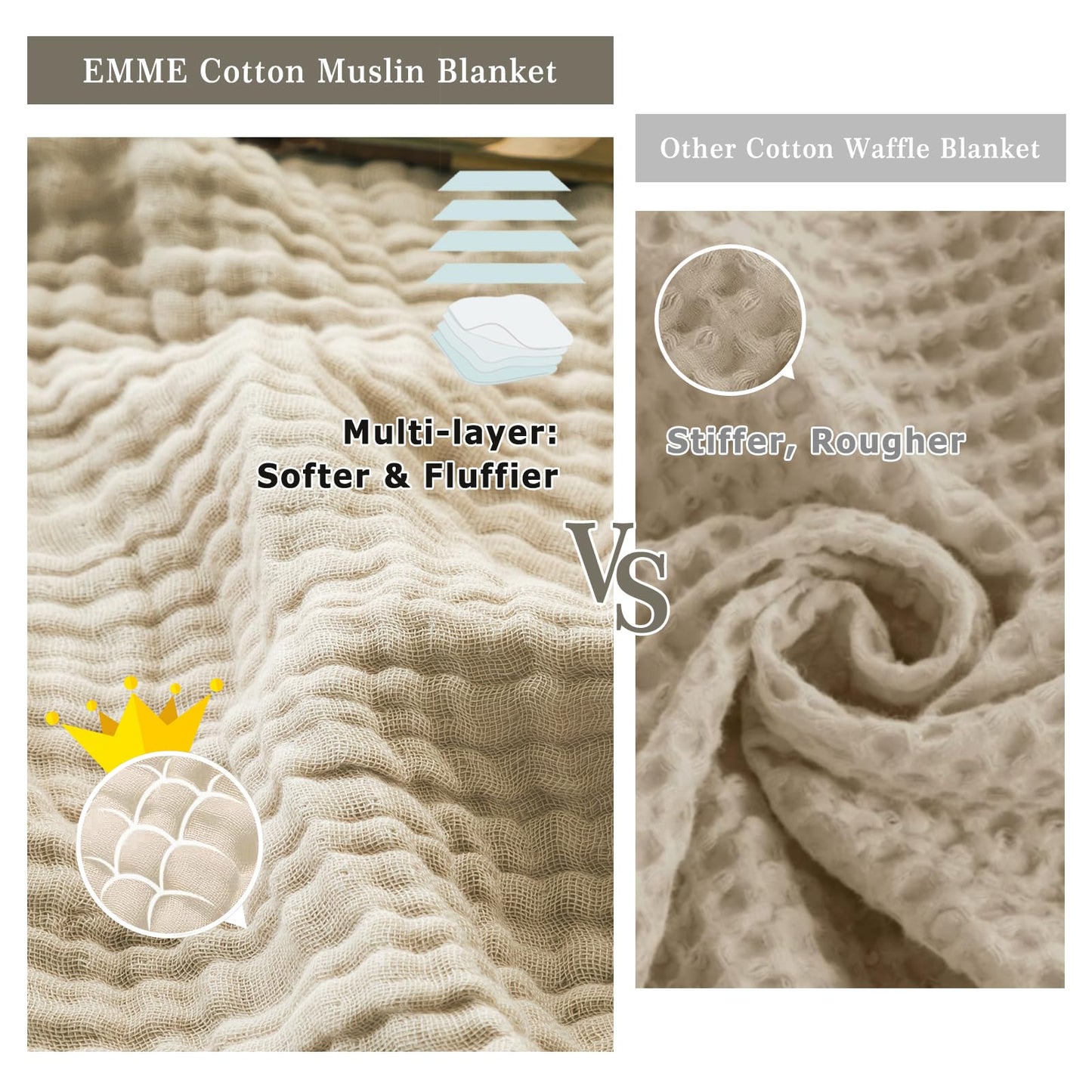 EMME Cotton Throw Blanket Large 50"x70" 100% Muslin for Couch Breathable Gauze All Season Soft and Lightweight Pre-Washed (Light Tan)