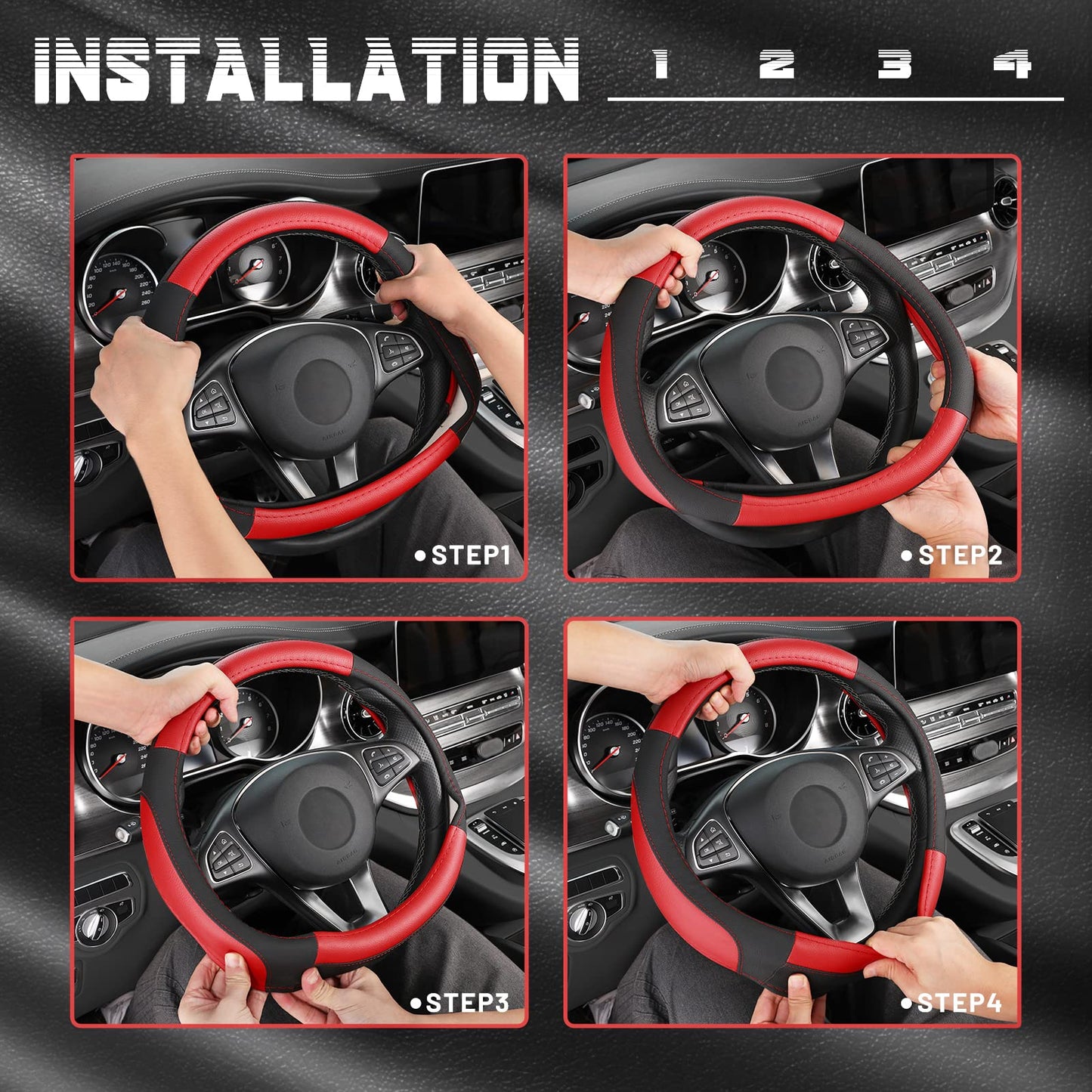 SEG Direct Car Steering Wheel Cover Universal Standard Size 14.5-15 inch, Black and Red Microfiber Leather