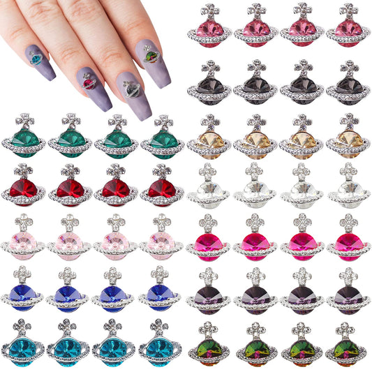 60 Pcs Planet Nail Charms Nail Rhinestones 3D Shiny Saturn Shape Nail Art Alloy Diamond Crystal Luxury Nail Ornament Gems for Girls Nail Art DIY Crafts Decoration Supplies(12 Colors)