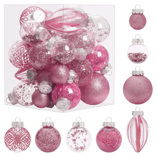 MoonXmas Christmas Ornaments Set, 32Pcs Clear Plastic Shatterproof Christmas Ball Hanging Ornaments for Xmas Tree Decorations, for Indoor Home Thanksgiving Party Holiday Decor - Pink.