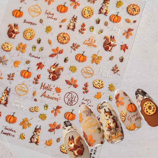 1 Sheet Fall Nail Art Stickers 5D Embossed Cute Nail Decals Autumn Maple Leaf Squirrel Pine Cones Fallen Leaves Nail Design Self-Adhesive Manicure Stickers Accessories for Women DIY Nail Decorations