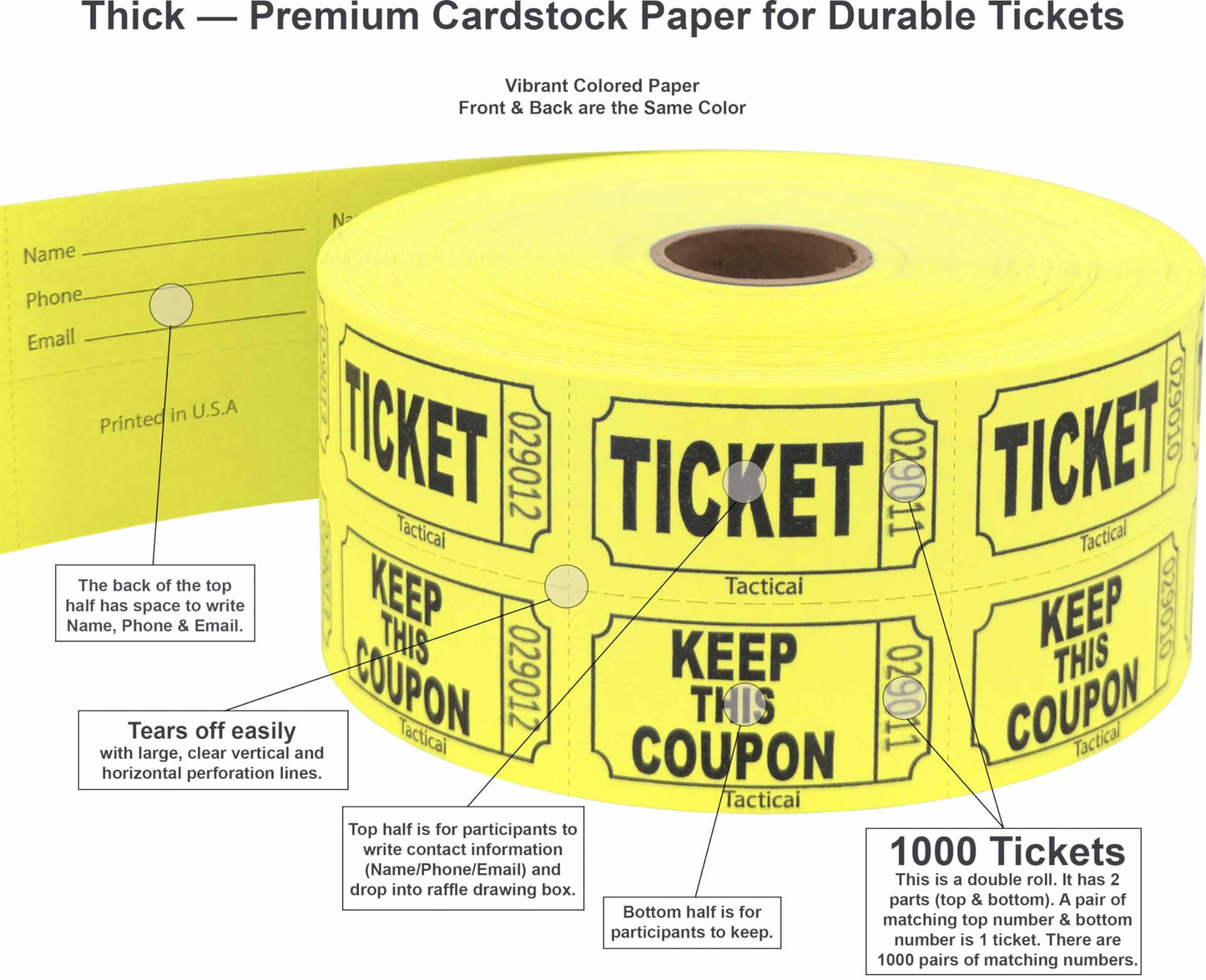 1000 Tacticai Raffle Tickets, Yellow (8 Color Selection), Double Roll, Ticket for Events, Entry, Class Reward, Fundraiser & Prizes