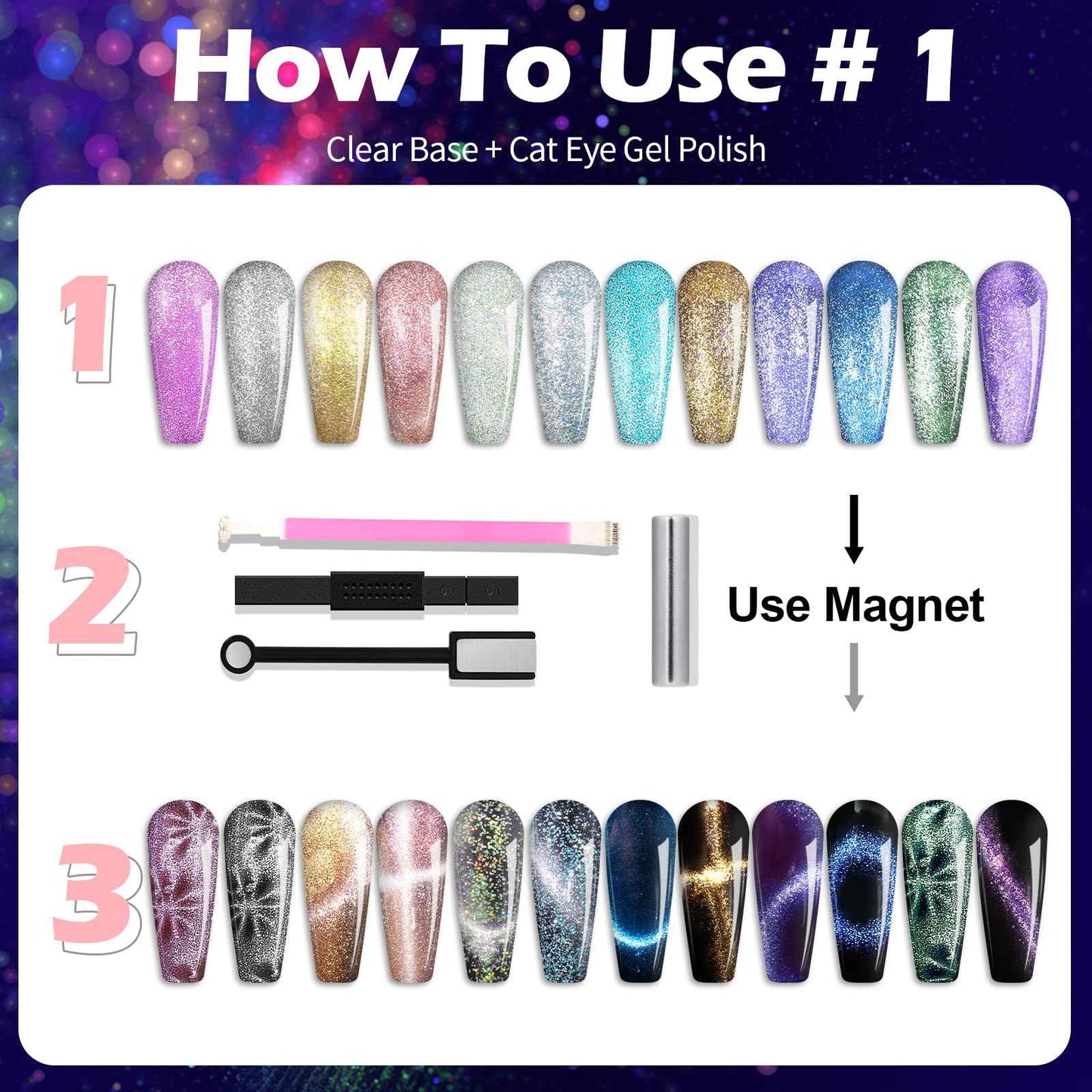 Clara Colors Cat Eye Gel Nail Polish Set - 12 Holographic Glitter Colors With Magnet, Romantic Galaxy Series, Long Lasting Soak Off UV LED