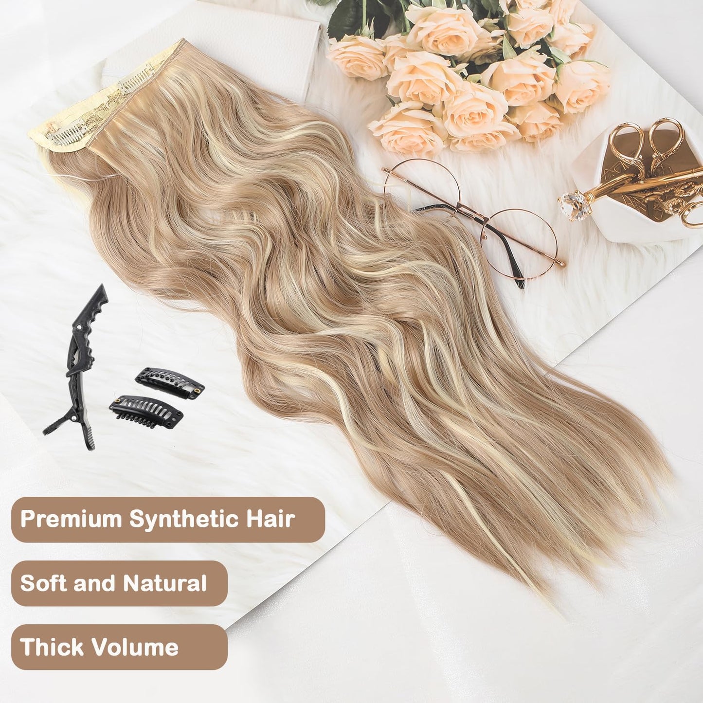 Halo Hair Extensions 20 Inch Invisible Wire Long Wavy Blonde Hair Extensions for Women Adjustable Size Hairpiece 4 Clips in Hair Extension (Bleach Blonde with Light Brown)