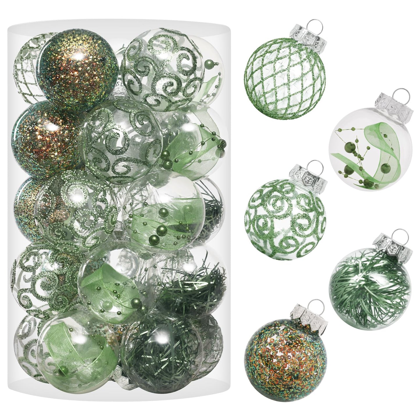 60MM/2.36" Clear Christmas Ornaments Set, 25PCS Shatterproof Decorative Hanging Ball Ornament with Stuffed Delicate Decorations, Xmas Tree Balls for Holiday Party - Green.