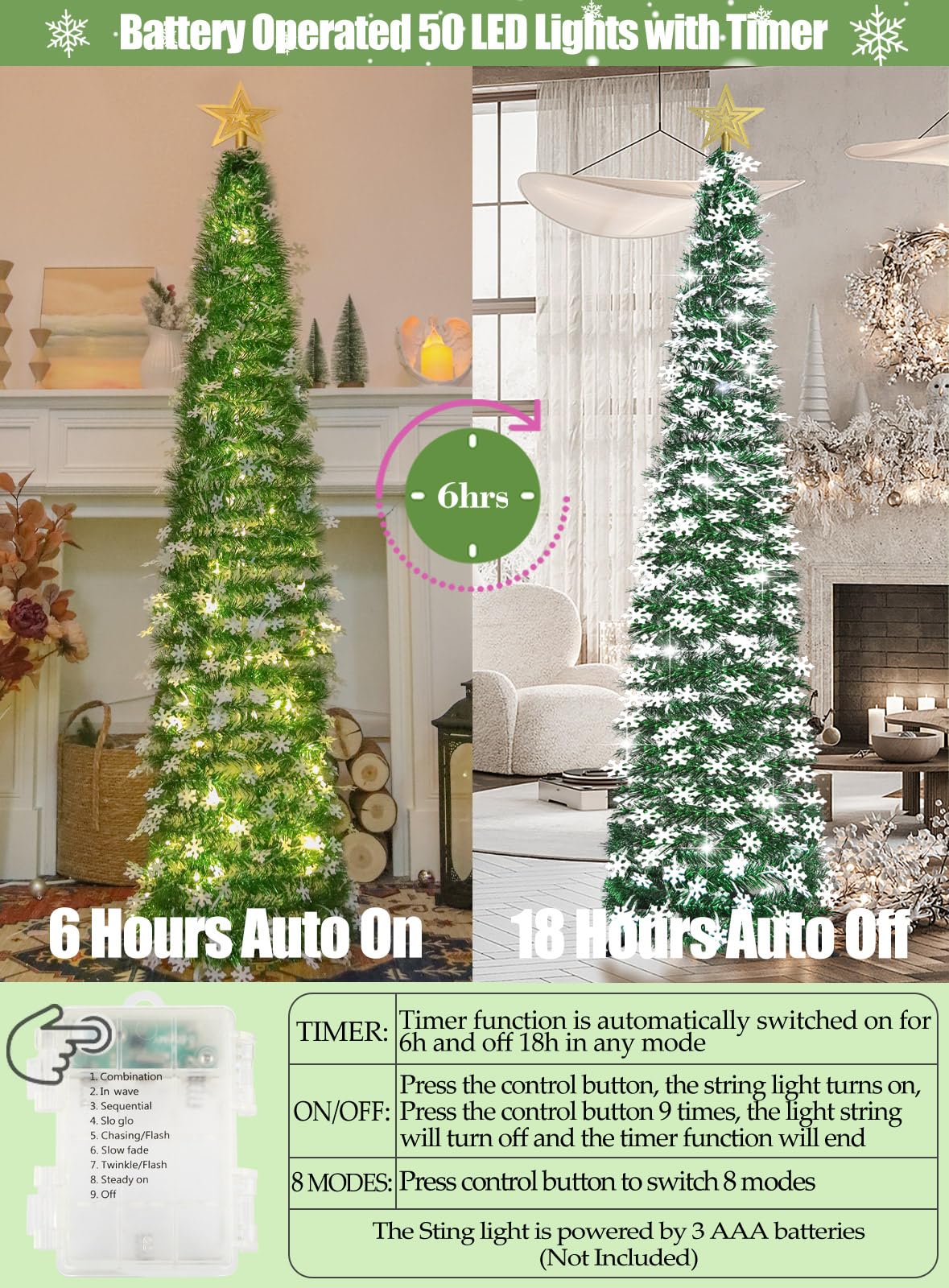 HMASYO 5 FT Pop Up Christmas Tree with Timer Lights - Green Tinsel Snowflake Christmas Tree, Collapsible Artificial Pencil Tree Xmas Decoration for Home, Office, Party, Easy Assembly