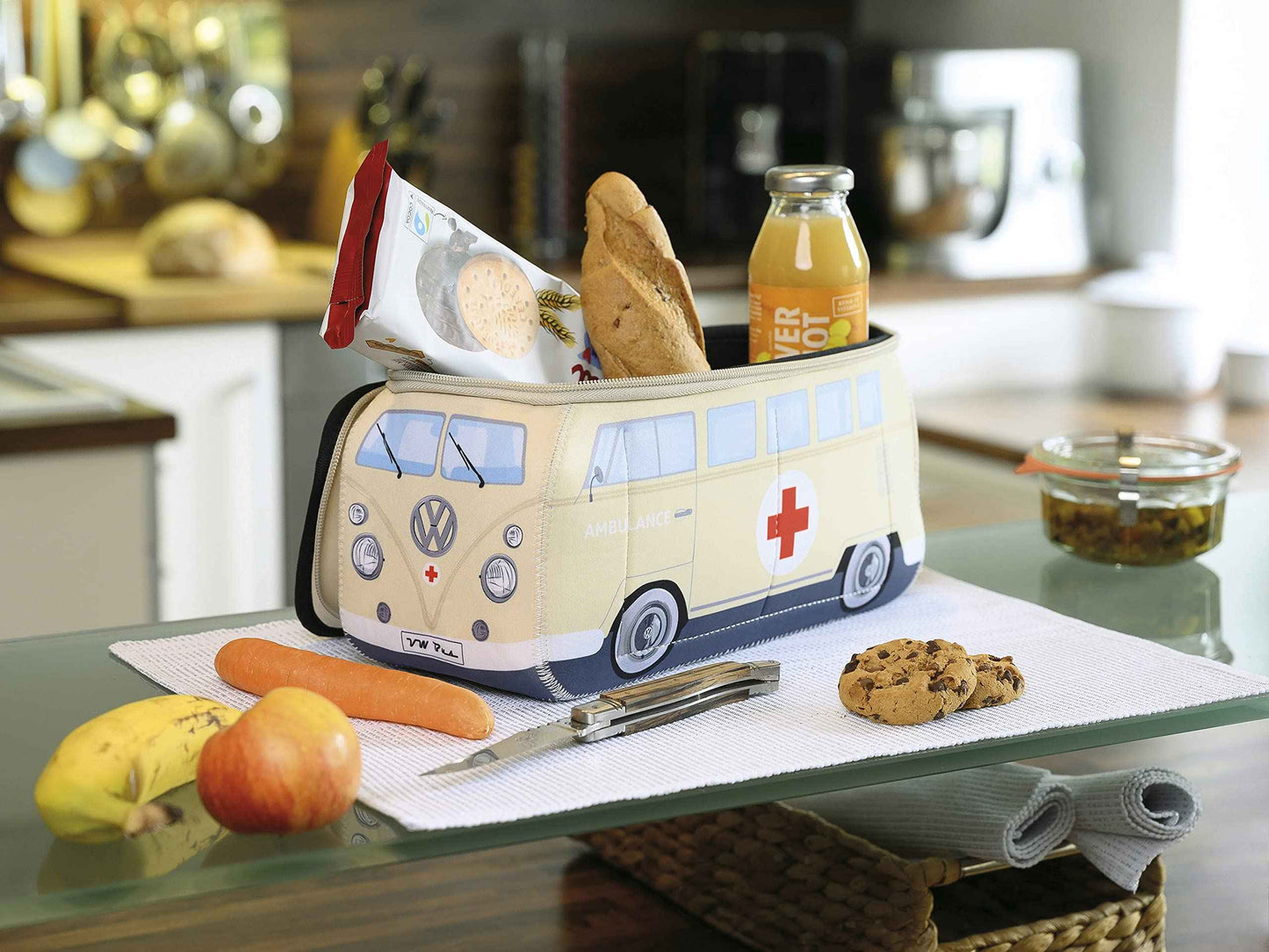 BRISA VW Collection - Volkswagen Neoprene Universal Makeup Cosmetics Toiletry Travel Pharmacy Bag in T1 Bus Design (Ambulance/Beige) (Large (11.8 x 5.5 x 4.7 inches))