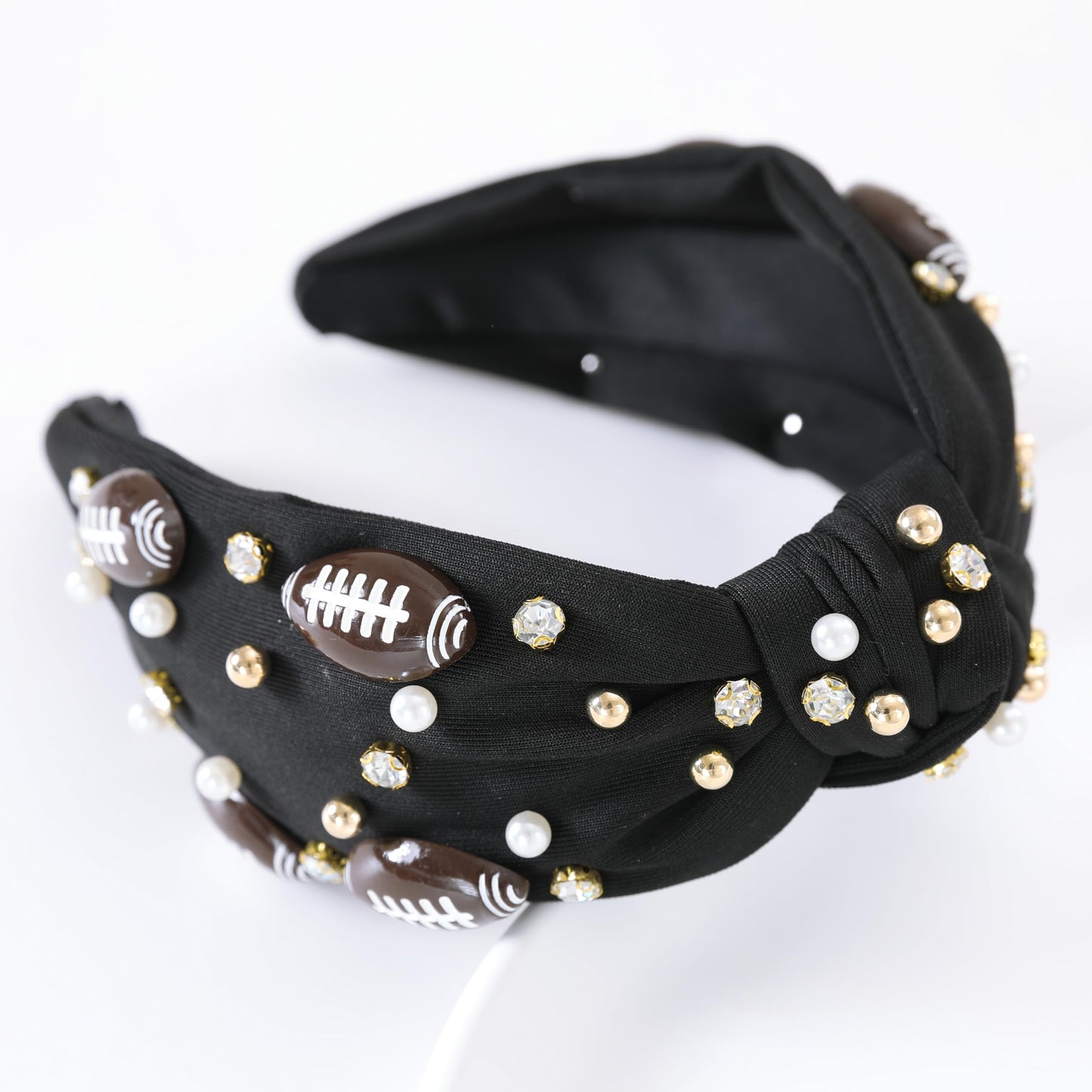 Gmmidea Football Knotted Headband Pearl Rhinestone Jeweled Headbands for Women Cute Wide Beaded Embellished Headband Game Day Decorative Hairband for Football Moms Black-1