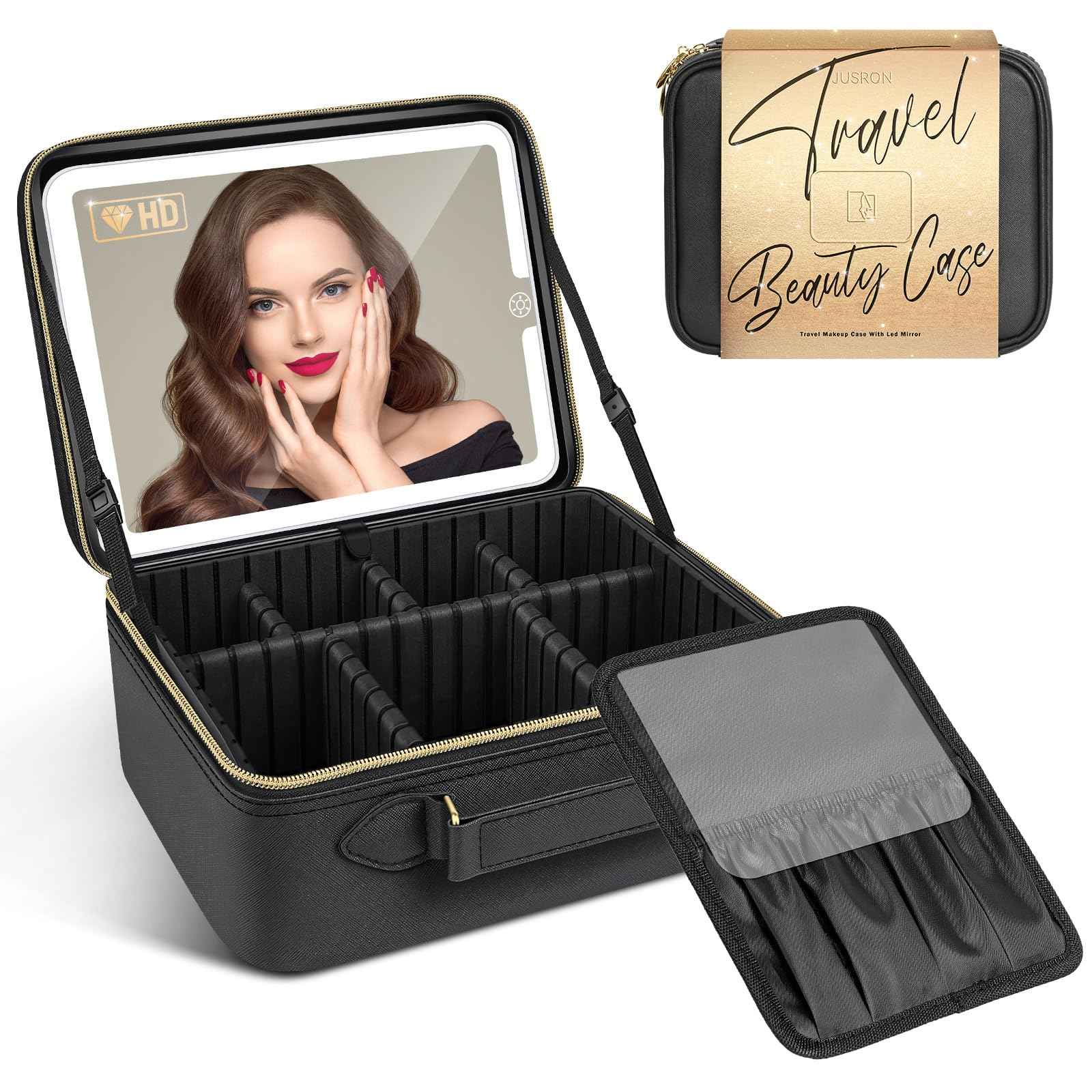 JUSRON Travel Makeup Bag With LED Mirror,Train Case with Light up Mirror, Portable Makeup Artist Organizer Bag with Adjustable Dividers (Black, Large)