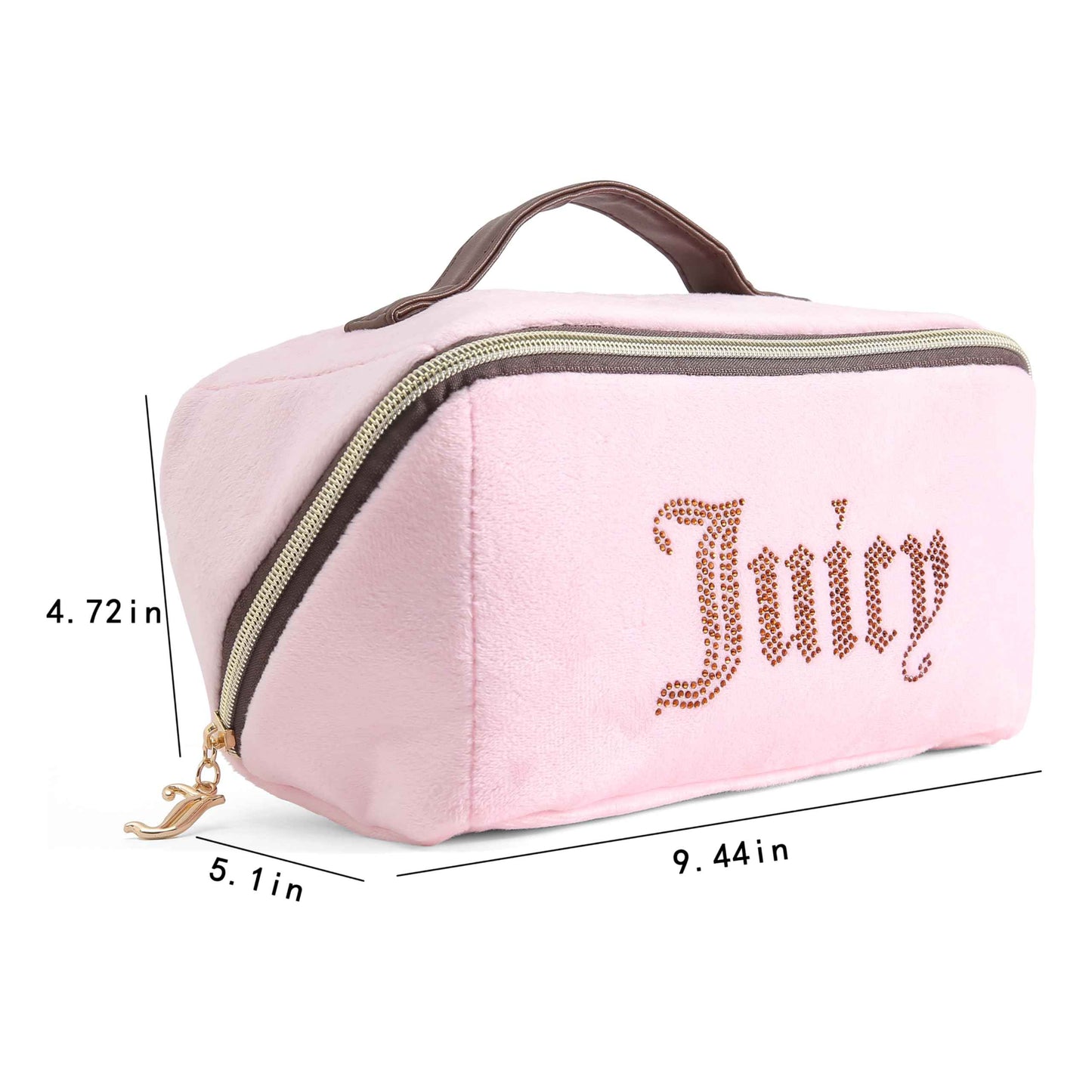 Juicy Couture Pink Brown Makeup Bag Cosmetics Organizer Travel Essentials Cross Zip Velour Rhinestone Brown Handle