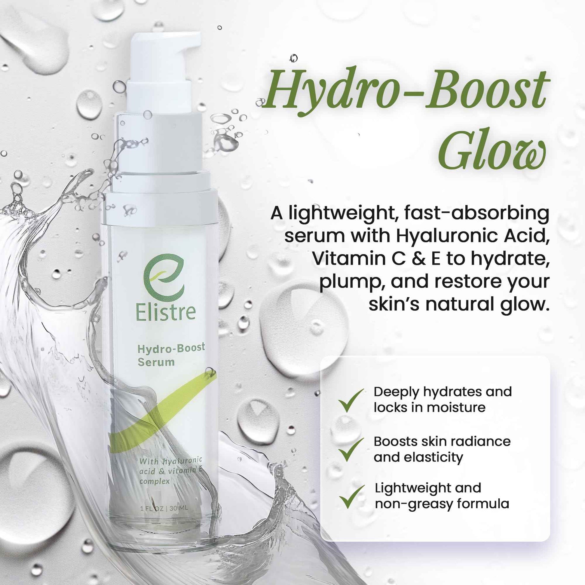 Hydro-Boost Facial Serum with hyaluronic acid and Vitamin E complex