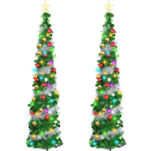 Sumind 2 Pcs 5 ft Pop up Tinsel Christmas Tree Pencil Christmas Tree with String Lights 40 Balls 3D Star Ornament Sequins Artificial Sequin Collapsible Tree with Star for Xmas Holiday