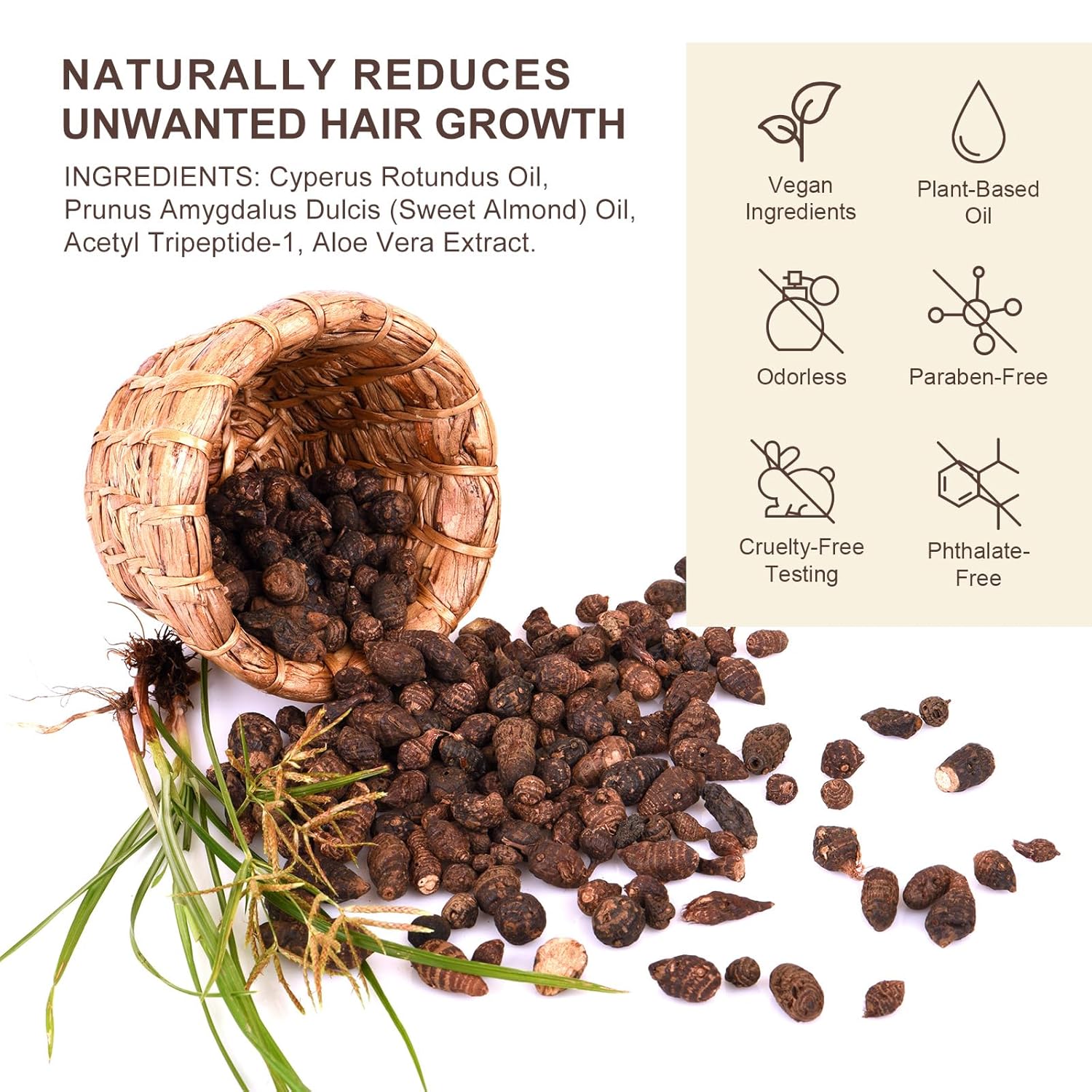 Cyperus Rotundus Oil, Natural Cyperus Rotundus Oil for Unwanted Hair Removal, Reducing Body Hair Growth,Balances Skin Tone, Moisturizes & Soothes, Suitable for All Skin Types (2.02 fl.oz)