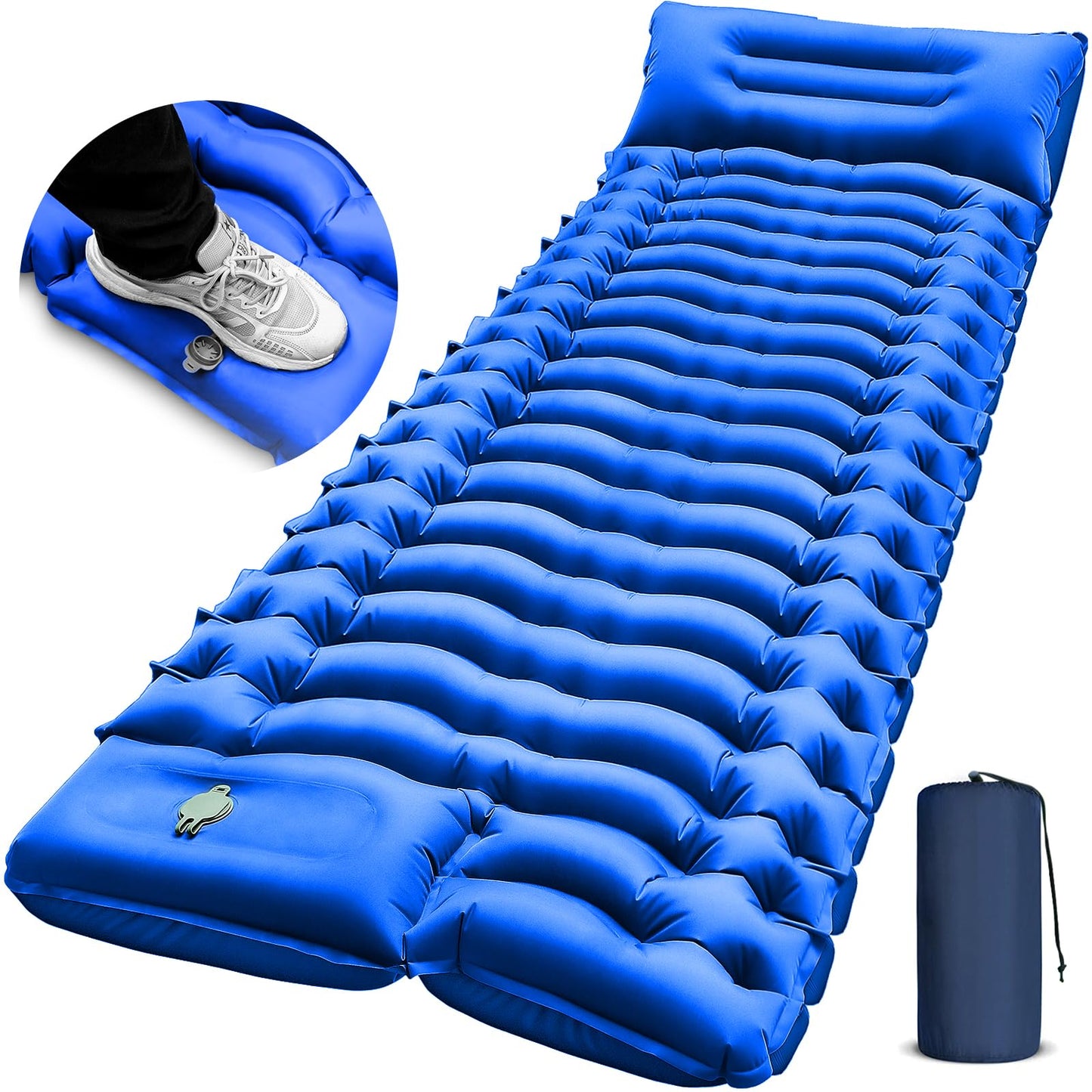 Camping Sleeping Pad, Ultralight Camping Pad with Pillow Built-in Foot Pump Inflatable Sleeping Mat Compact for Camping Backpacking Hiking Traveling - Blue