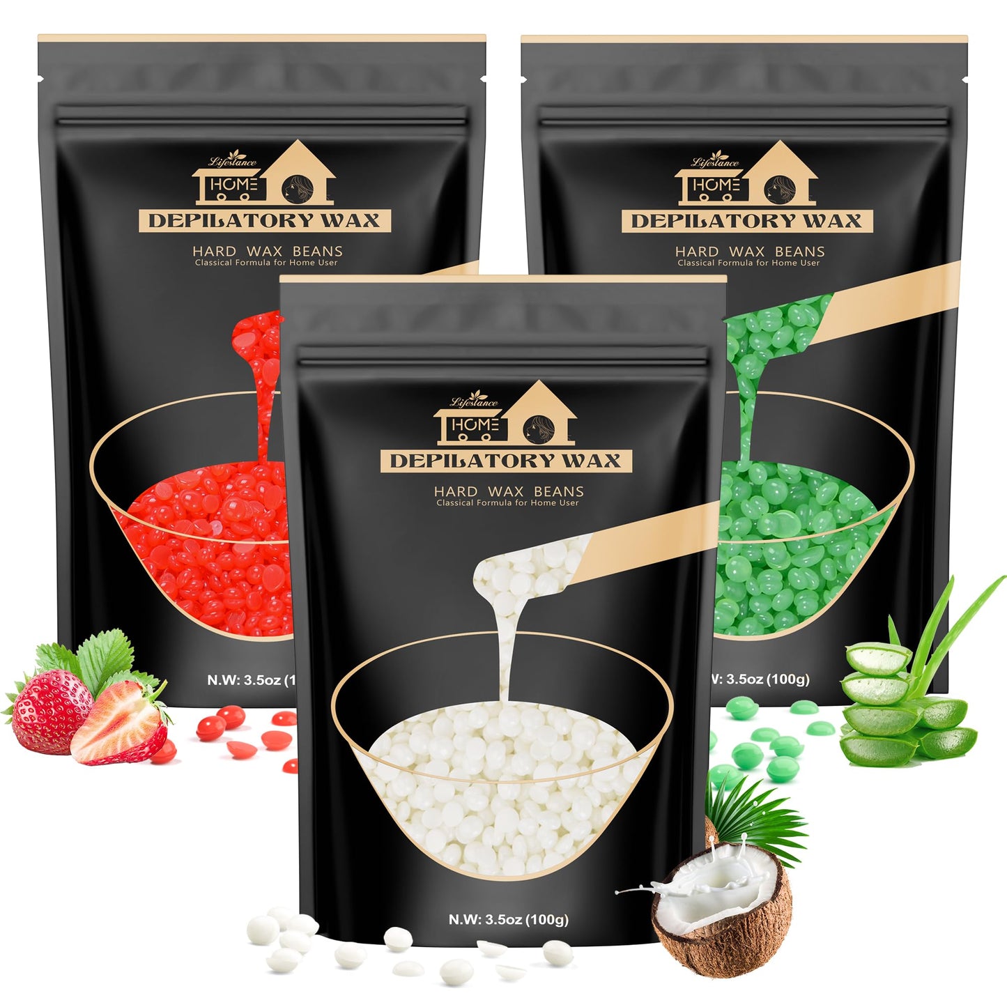 Lifestance Wax Beads Set, 3 Kinds of Waxing Beads, Hard Wax Beans with Aloe & Pearl-White & Strawberry, Perfect for Any Wax Warmers, Wax Beads for Hair Removal for Armpit, Eyebrow