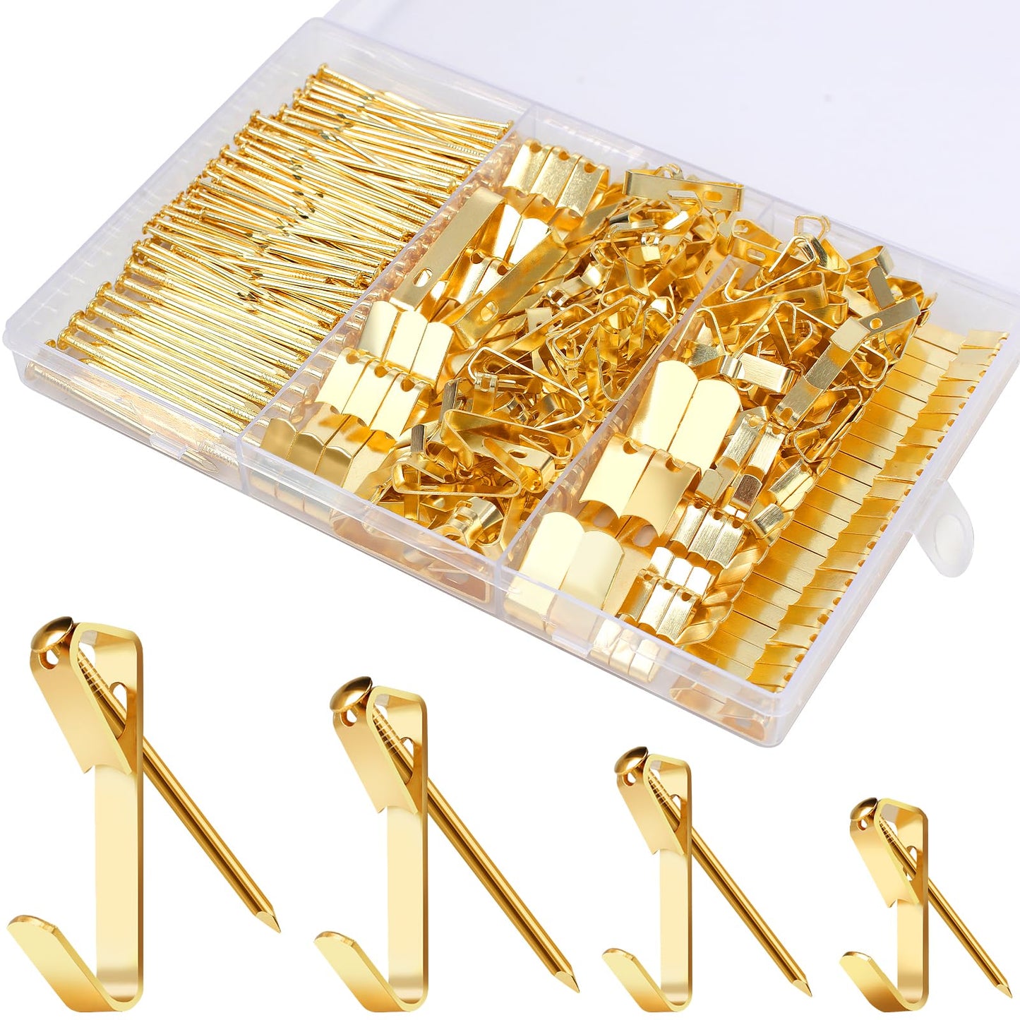 304 Pieces Picture Hanging Kit, 10lb, 30lb, 50lb and 100lb Picture Hangers, Metal Picture Hanging Hooks with Nails, on Drywall, Wooden Wall(Gold)