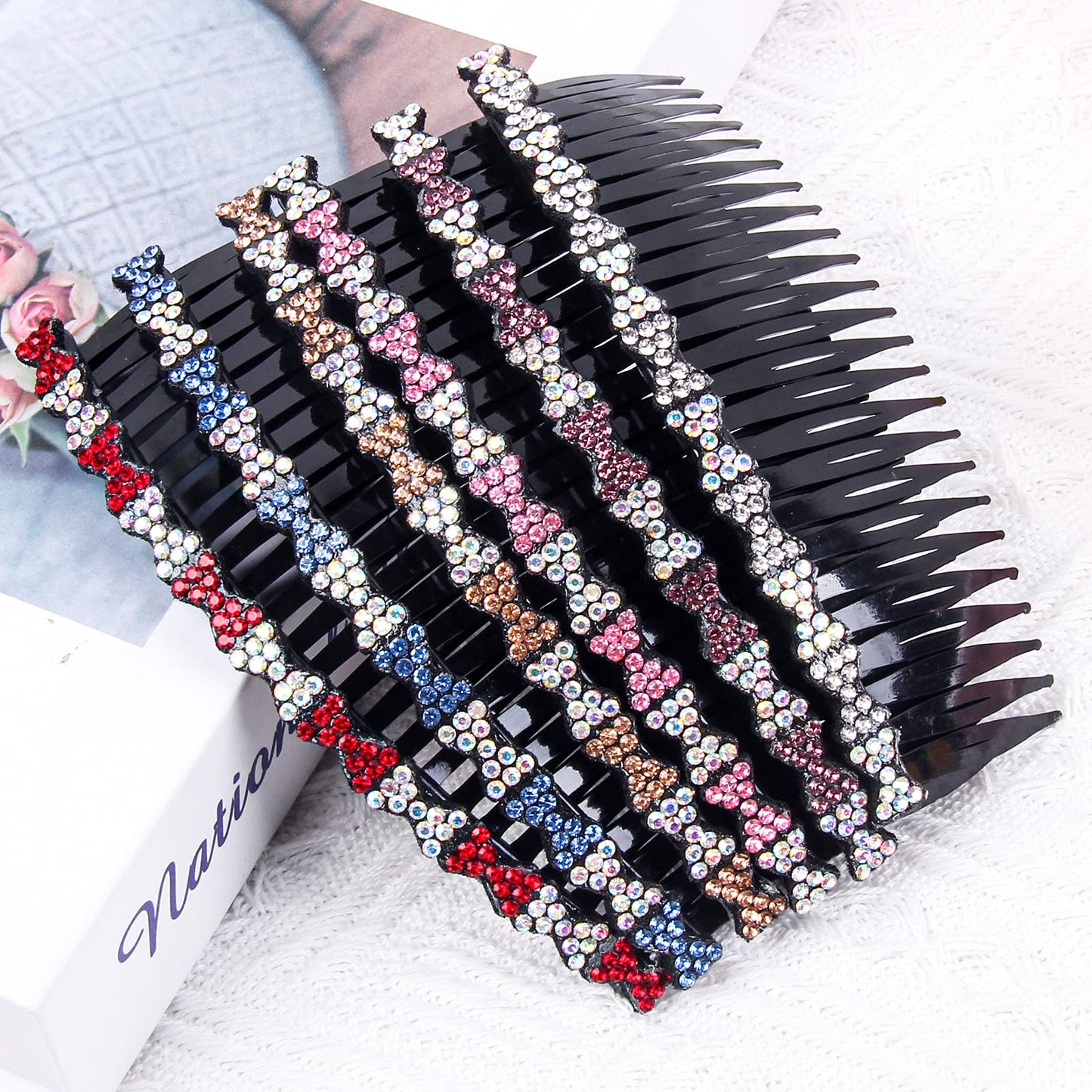 6Pcs Rhinestones Plastic Side Hair Combs for Women 24 Teeths Hair Comb Clips French Side Hair Comb Clip Set Twist Comb Hair Accessories for Fine Hair Women Girls - Glitter Bow