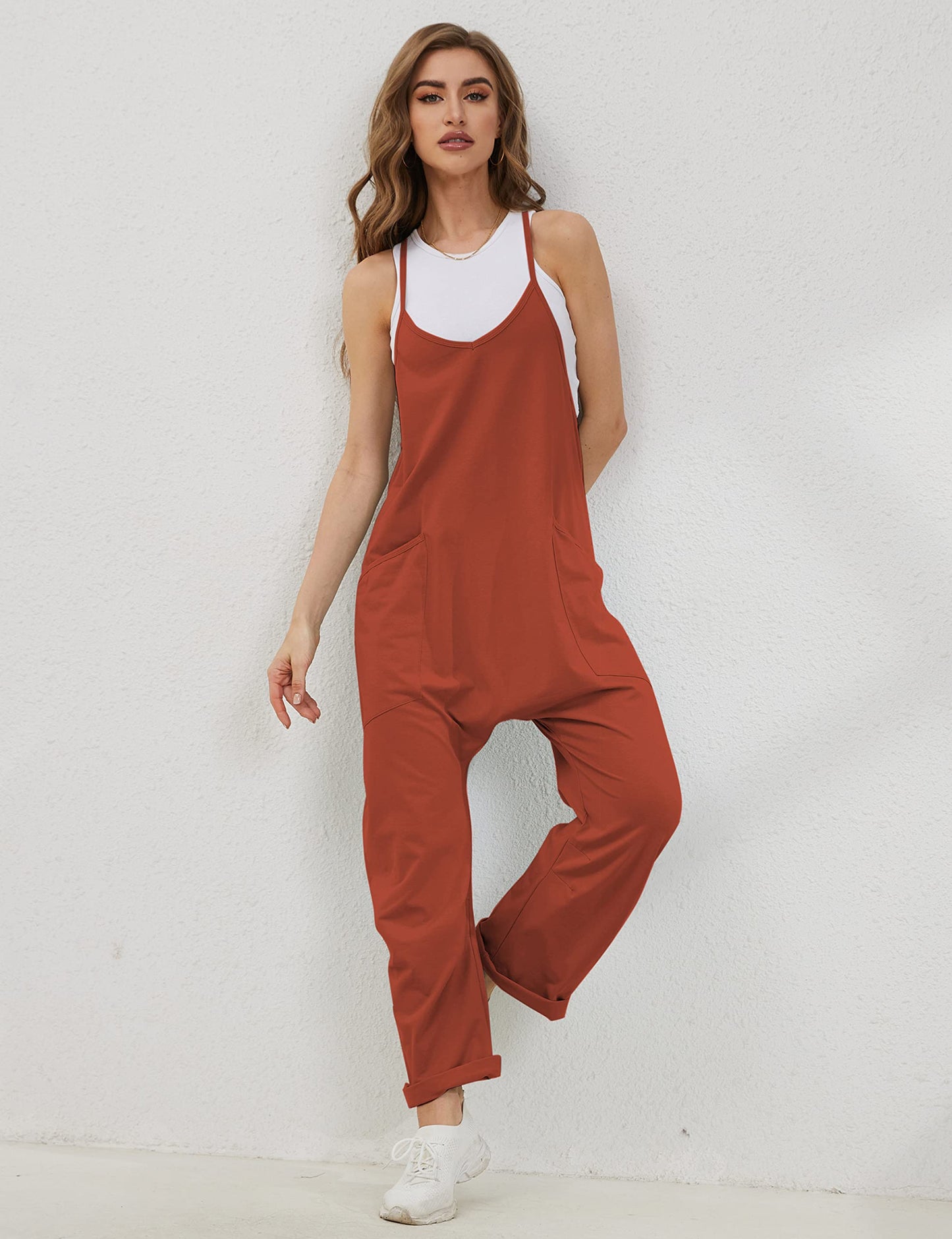 Lentta Women's Causal Jumpsuits V Neck Sleeveless Harem Overalls Stretchy Adjustable Strap Romper with Pockets(Rust-S)