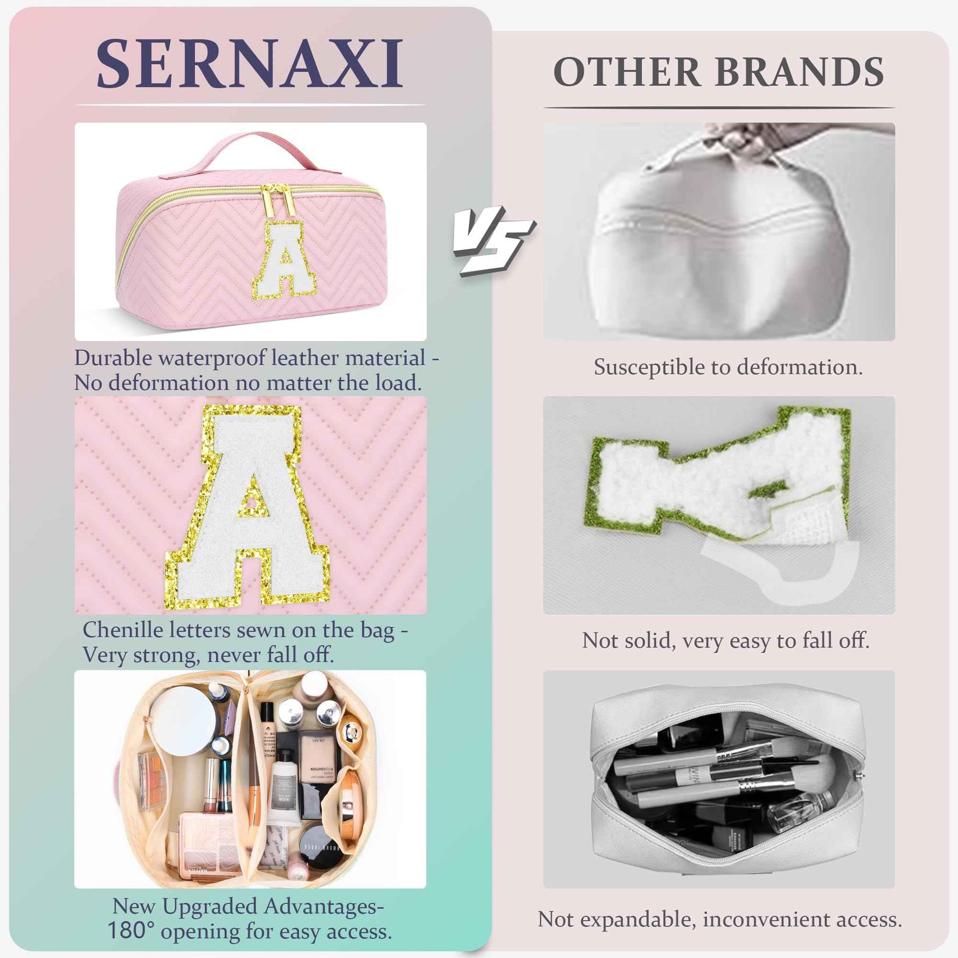 Makeup Bag Travel Toiletry Bag, Personalized Initial Pink Makeup Bag, Gift for Women Gils, Large Capacity Leather Cosmetic Bags, Waterproof Open Flat Organizer for Christmas, Halloween & Thanksgiving