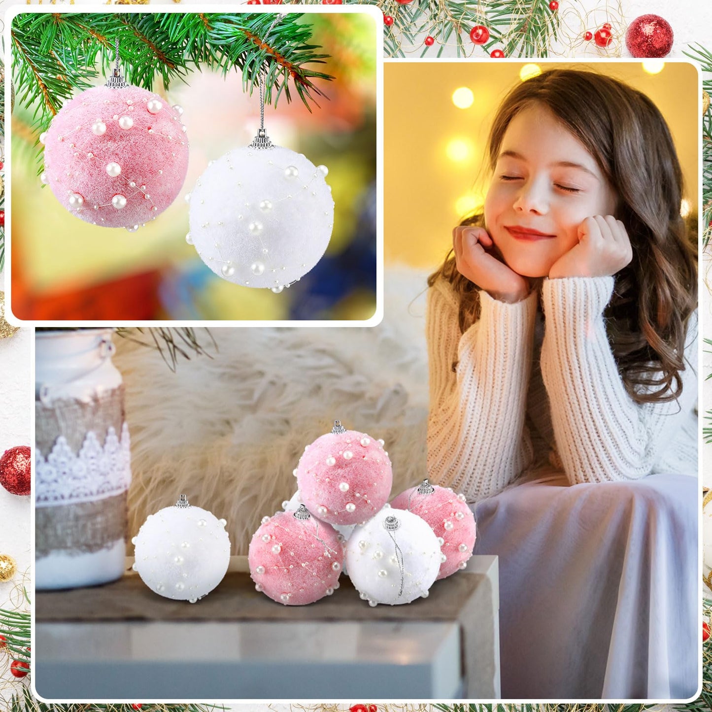 Wettarn 24 Pcs Christmas Plush Balls Ornaments 3.15" Pastel Christmas Ball Hanging Decorations Pink and White Pearl Balls Ornaments for Christmas Tree Snowball Holiday Wedding Party Anniversary Decor