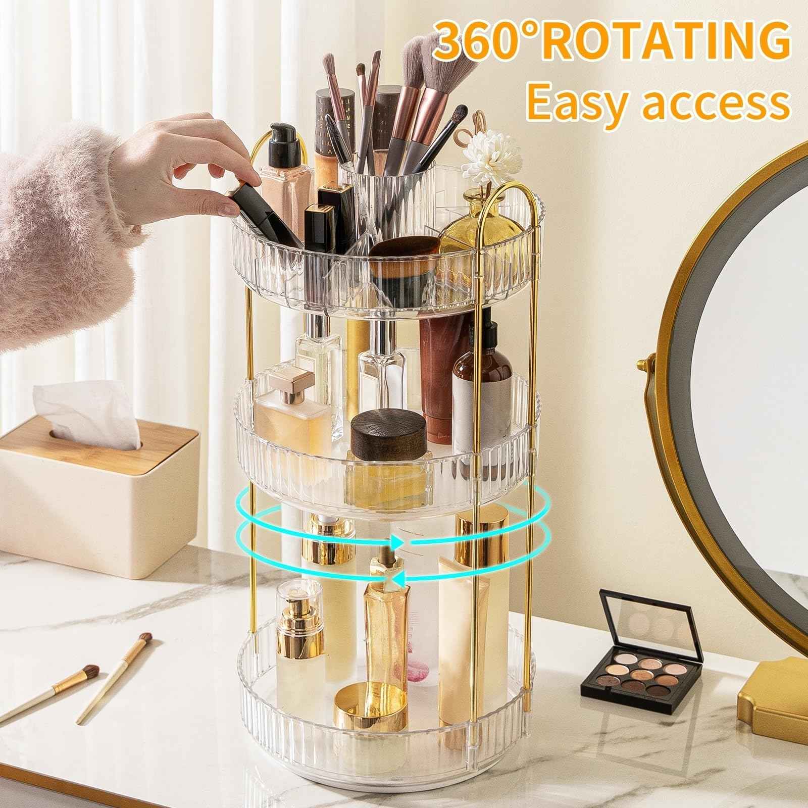 360° Rotating Makeup Organizer, Large-Capacity Skincare Make Up Storage 3 Tier Perfume Organizers Cosmetic Dresser Organizer with Makeup Brush Holder, Fits Bedroom, Bathroom, Vanity Shelf Countertop