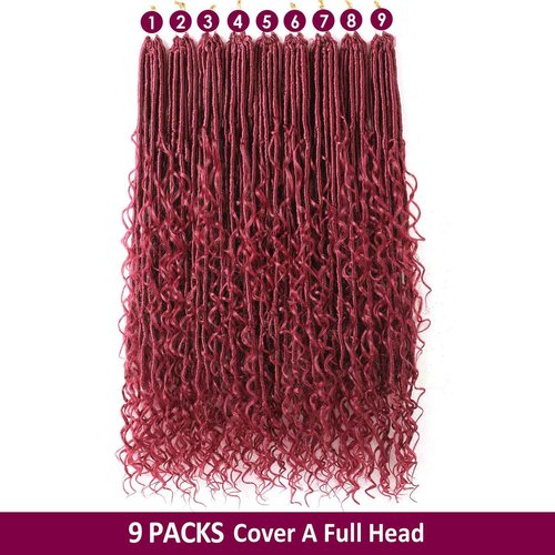 9 packs Boho Faux Locs Crochet Hair, 24 Inch, Burgundy Pre Looped Goddess Soft Locs Crochet Hair with Curly Ends, Bohemian River Locs for Black Women(BUG#, 24 Inch)