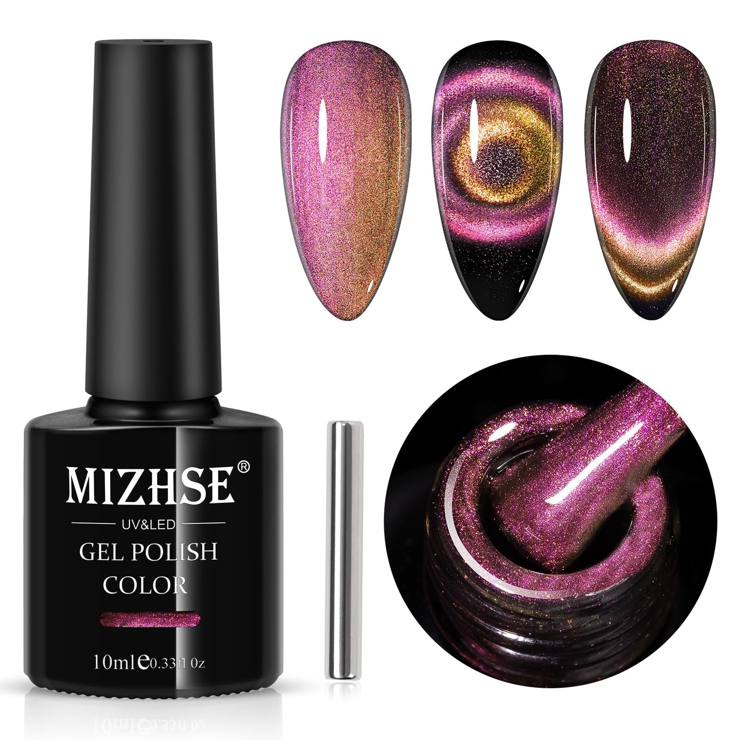 MIZHSE 9D Cat Eye Gel Nail Polish, Pink Magnetic Gel Polish with Magnet Stick, Magic Shimmer Galaxy Effect Holographic Glitter Silky Cat Eye Nail Polish Soak Off Nail Art Salon Manicure DIY at Home