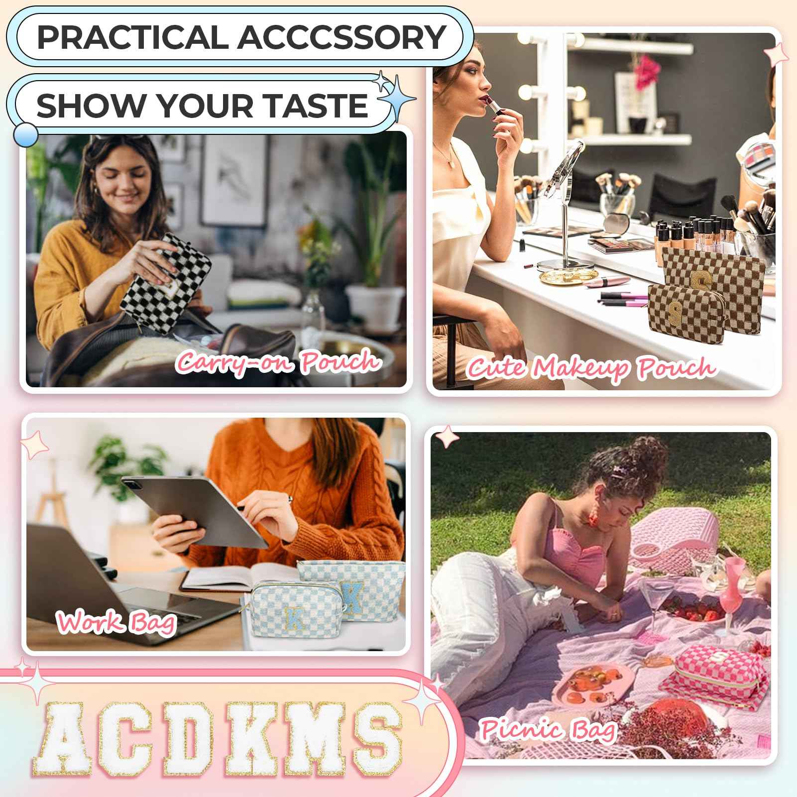 Silongder 2PCS Checkered Makeup Bag for Women Personalized Initial Letter Makeup Bag Travel Toiletry Bag Organizer Cute Makeup Brushes Storage Bag Mother's Day Birthday Gift for Women (Black S)