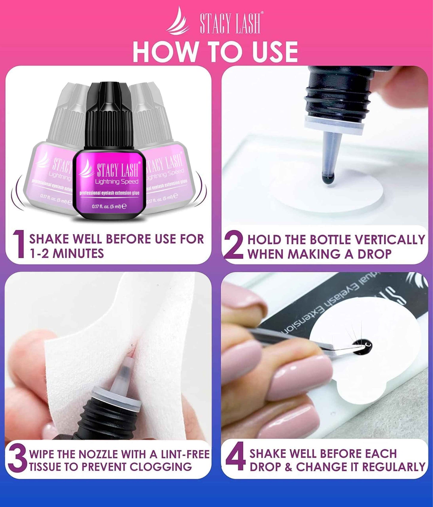 STACY LASH Lightning Speed Eyelash Extension Glue 5ml /0.17 fl.oz / 0.3 Sec Dry/Retention – 6-8 Weeks/Extra Strong Black Adhesive/Professional Supplies