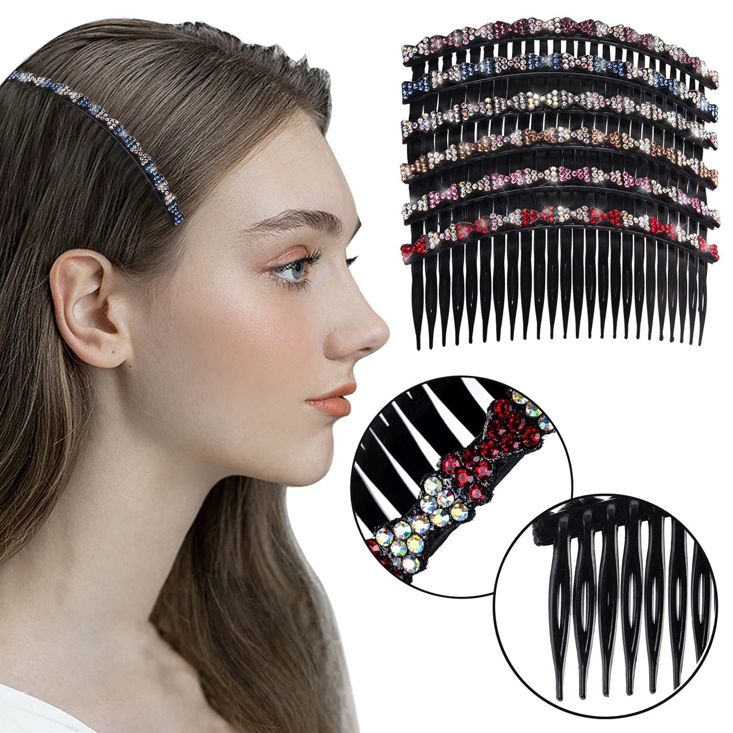 6Pcs Rhinestones Plastic Side Hair Combs for Women 24 Teeths Hair Comb Clips French Side Hair Comb Clip Set Twist Comb Hair Accessories for Fine Hair Women Girls - Glitter Bow