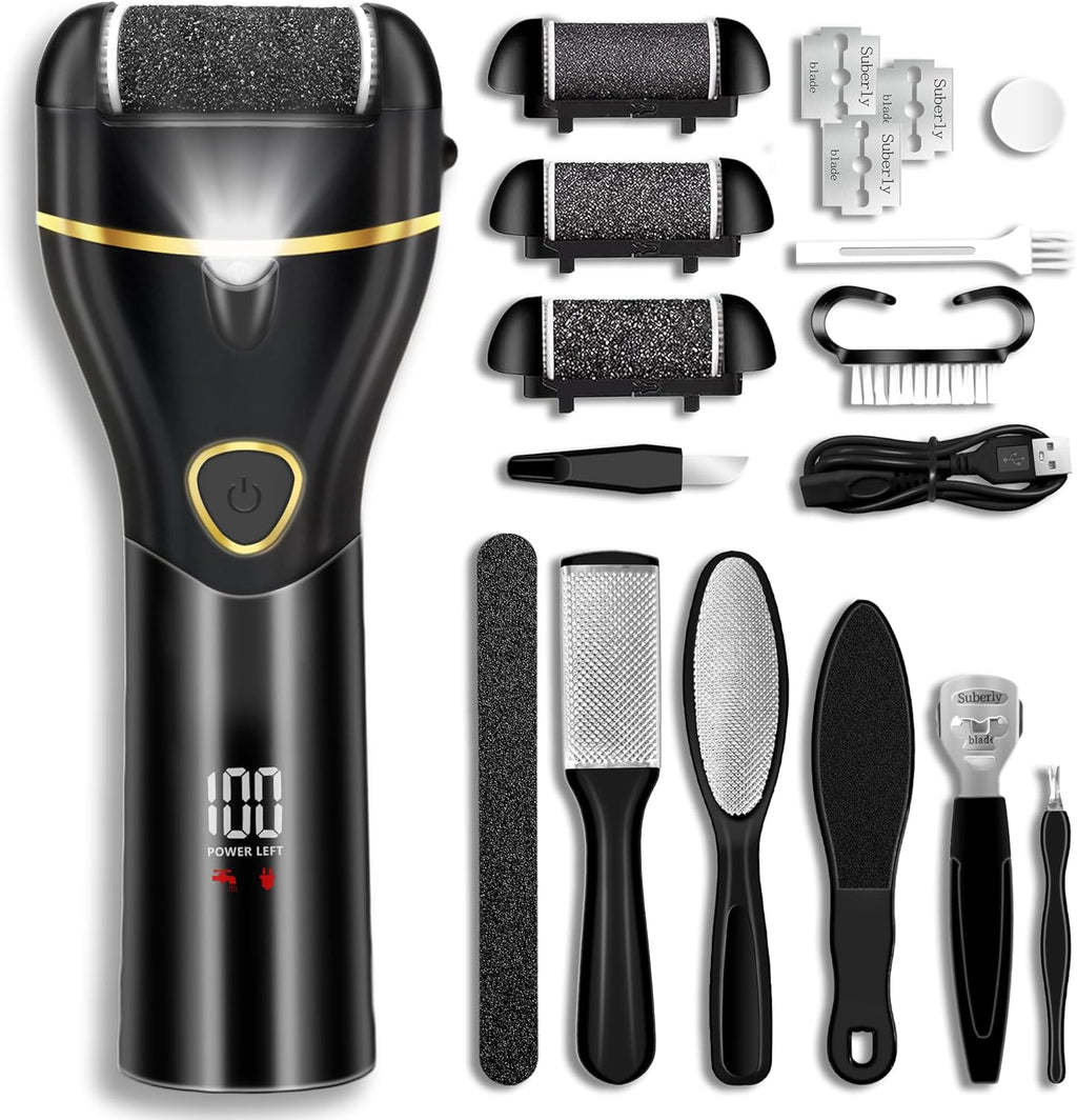Callus Remover for Feet, Electric Foot Callus Remover Waterproof with 3 Rollers 2 Speed Battery Display,17 in1 Rechargeable Foot File Pedicure Kits for Dead Hard Cracked Dry Skin