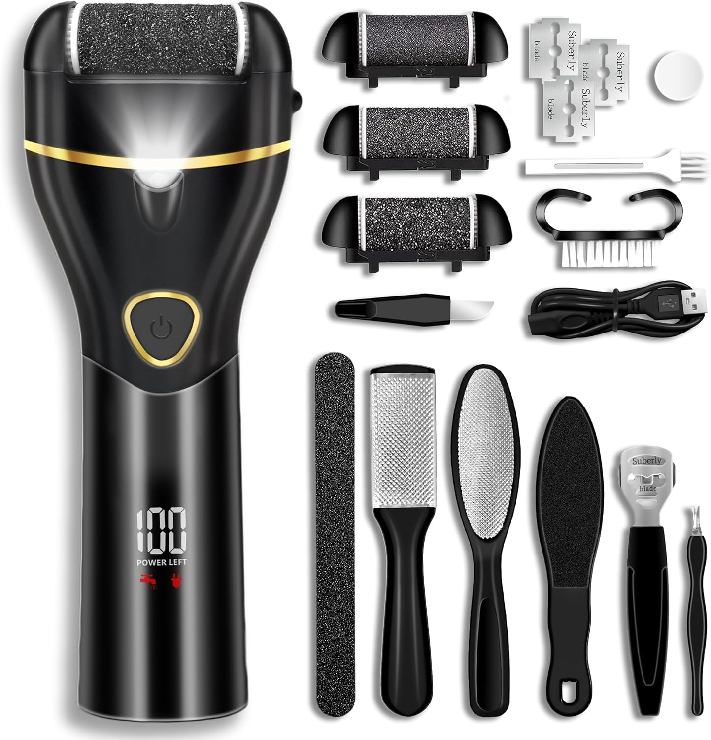 Callus Remover for Feet, Electric Foot Callus Remover Waterproof with 3 Rollers 2 Speed Battery Display,17 in1 Rechargeable Foot File Pedicure Kits for Dead Hard Cracked Dry Skin