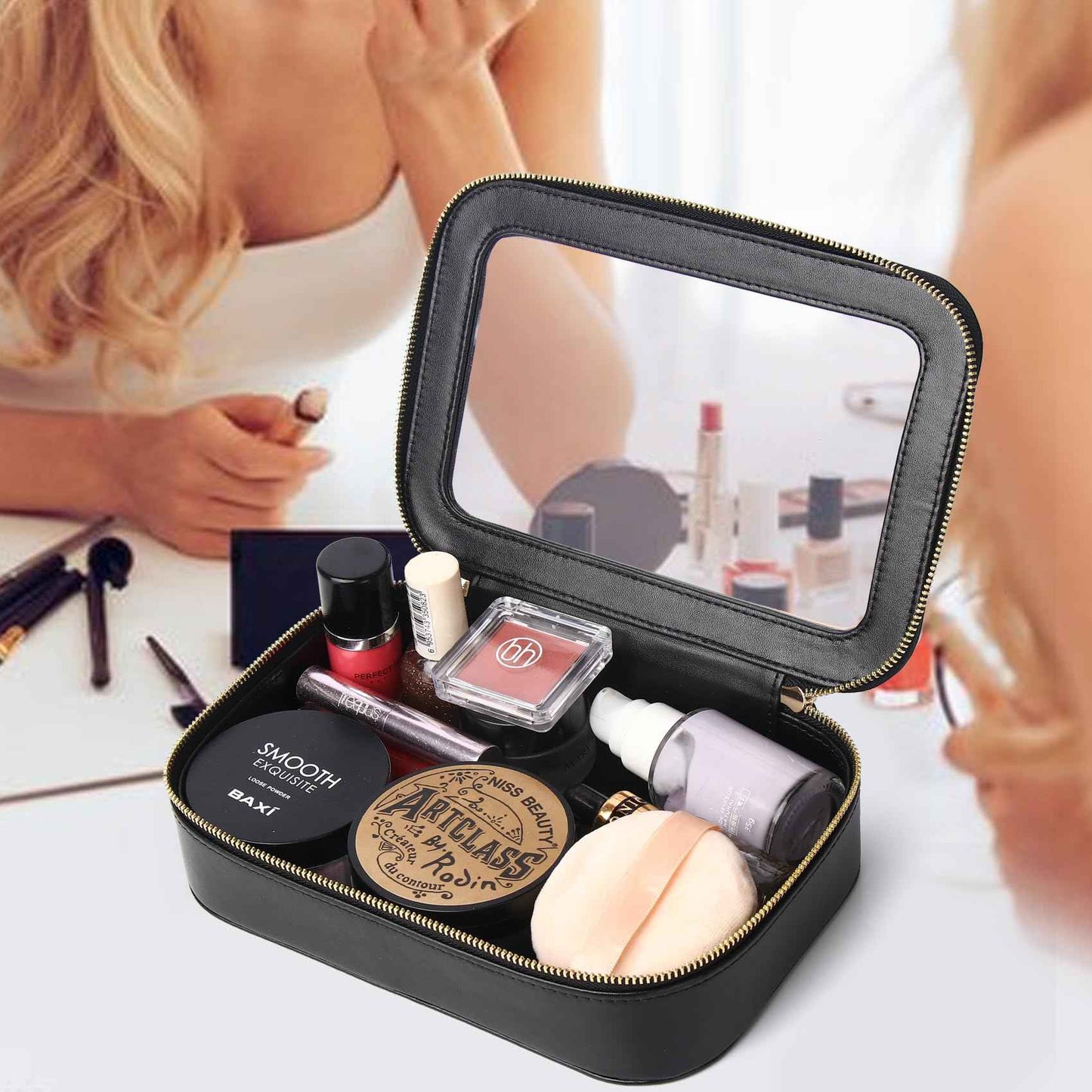 Duolan Clear Makeup Bag for Women Transparent Cosmetic Bag Case Clear Accessories Bag Portable Makeup Bag for Car (A/Black, M)
