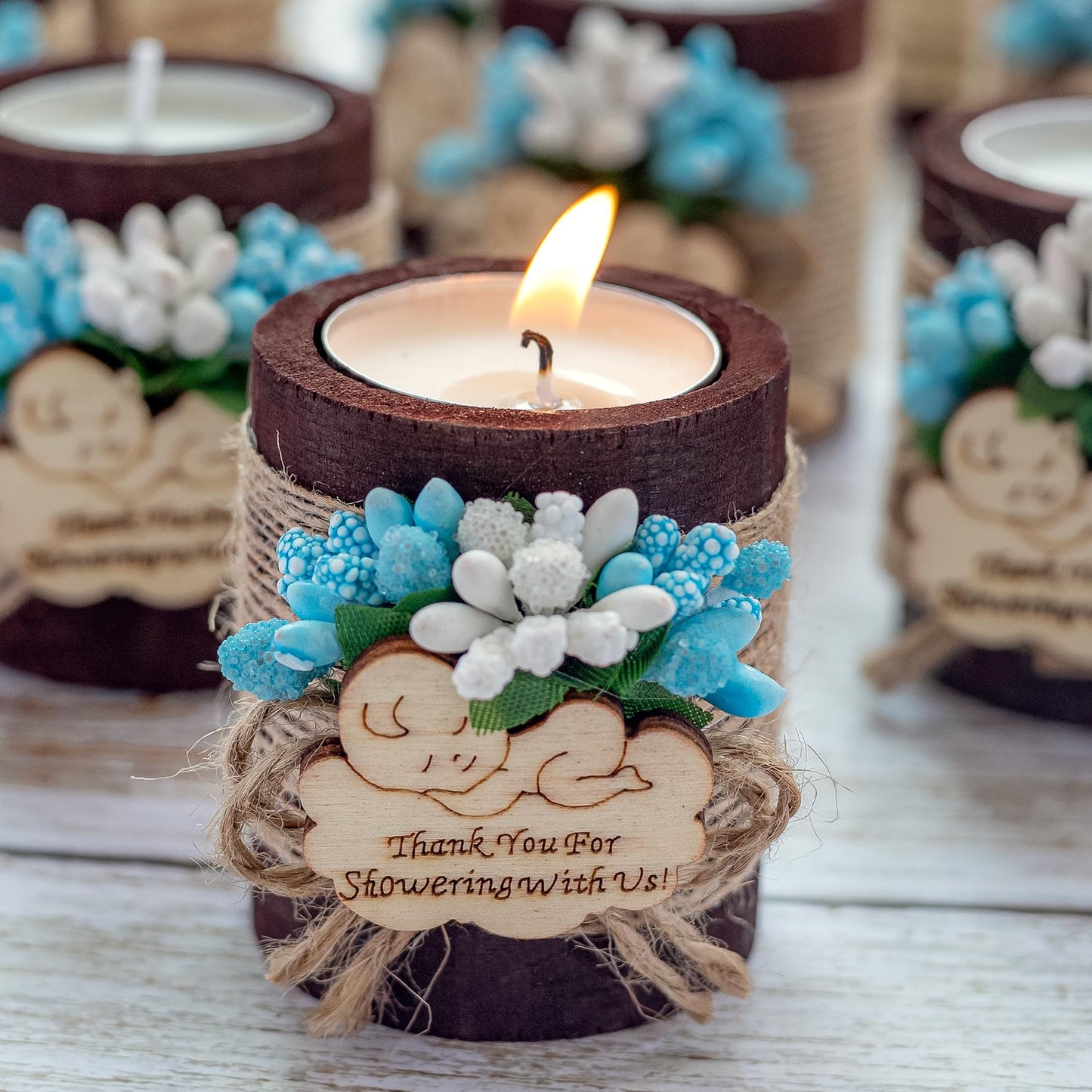 Ju's Favors Wooden Candle Holders (Set of 10), Baby Shower Party Favors for Guests, Boy's Baptism Favors, Baby Christening Party Favors. (Dark-blue baby)