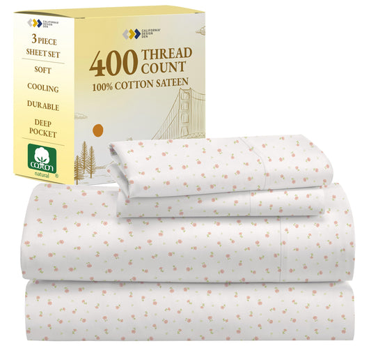 California Design Den Twin Floral Sheet Set, 400 Thread Count 100% Cotton Sateen 3 Pc Twin Size Sheets Set, Deep Pocket Sheets & Pillowcase Set - Soft Floral