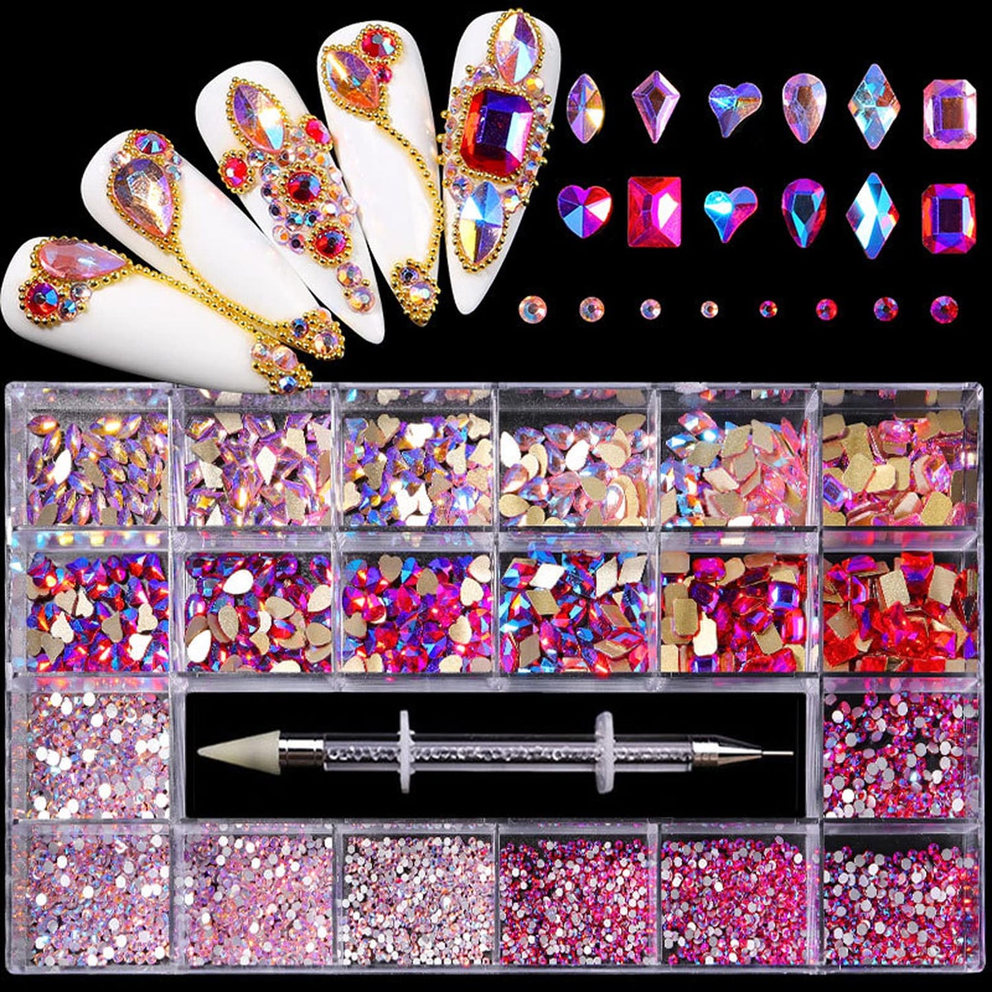 Nail Rhinestones Kit, Nail Art Decorations with Wax Pencil Flat AB Rhinestones Kit DIY Crafts Gemstones for Nail, Shoes, Clothes, Jewels (600 Powder diamonds + 2500 flat rhinestones)