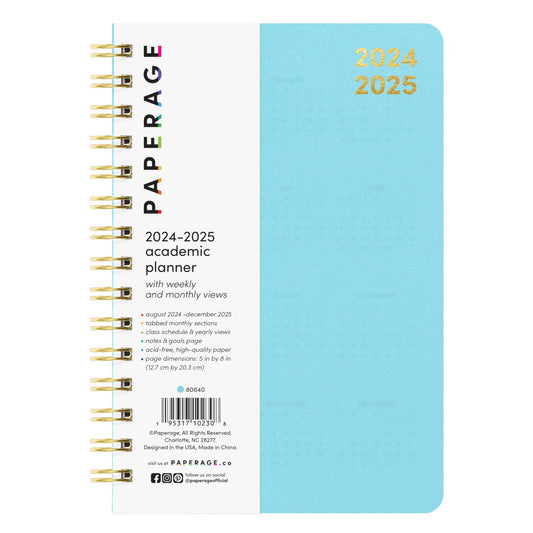 PAPERAGE 17 Month Academic Planner 2024-2025, Weekly & Monthly Spreads, August 2024 - December 2025, Small (5 in x 8 in), Sky Blue