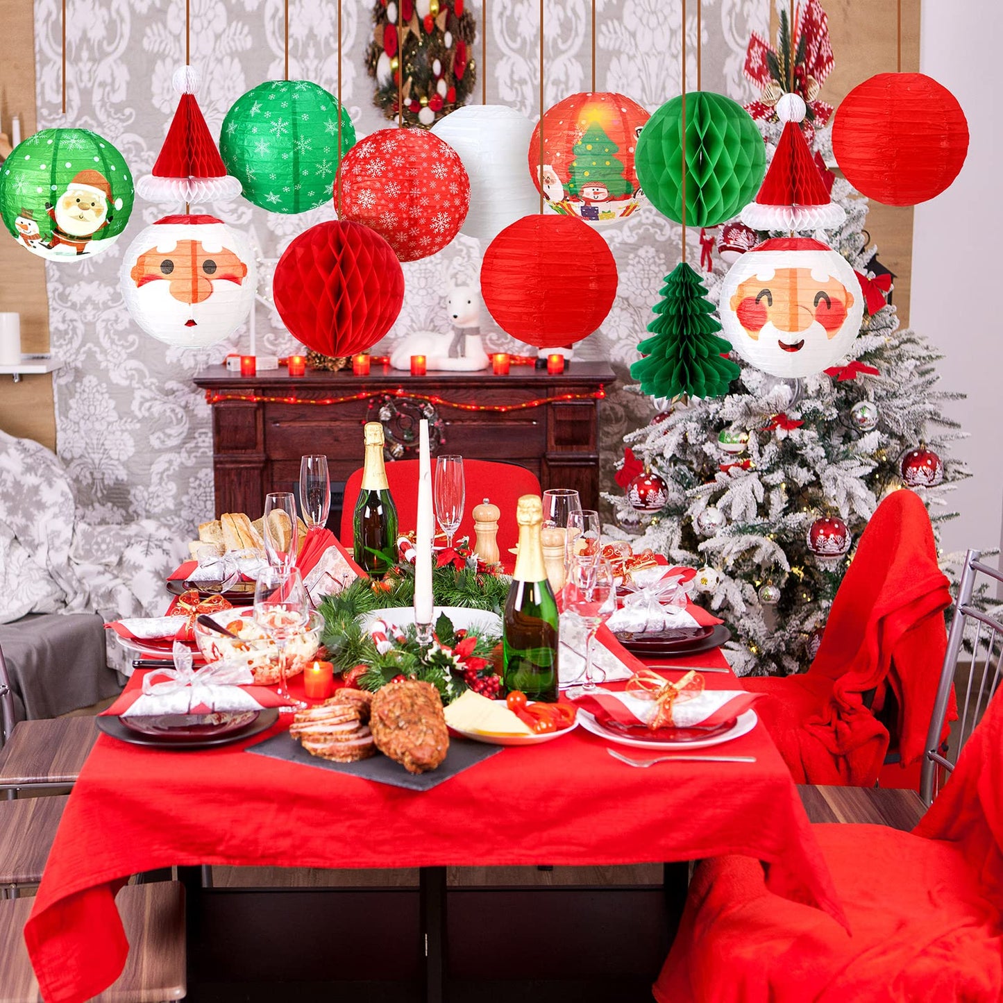 Spiareal 17 Pcs Christmas Party Hanging Paper Lanterns Decorations Set for Santa Claus Paper Lantern Santa Hat Christmas Trees Honeycomb Balls Hanging Party Lanterns for Christmas Decoration Favor