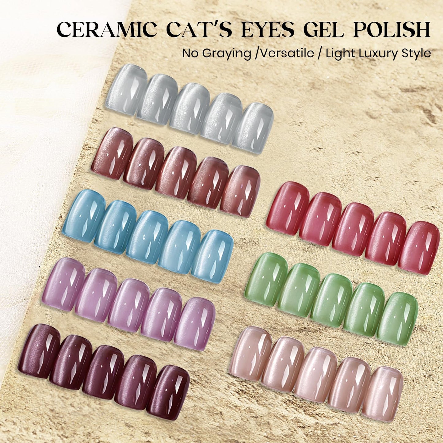 MIZHSE Cat Eye Gel Nail Polish, 8 Colors Ceramic Magnetic Gel Polish Set with Magnet Stick, Crystal Shimmer Silver Brown Green Purple Colors Nail Gel Soak Off Nail Art Salon Home Gift for Women