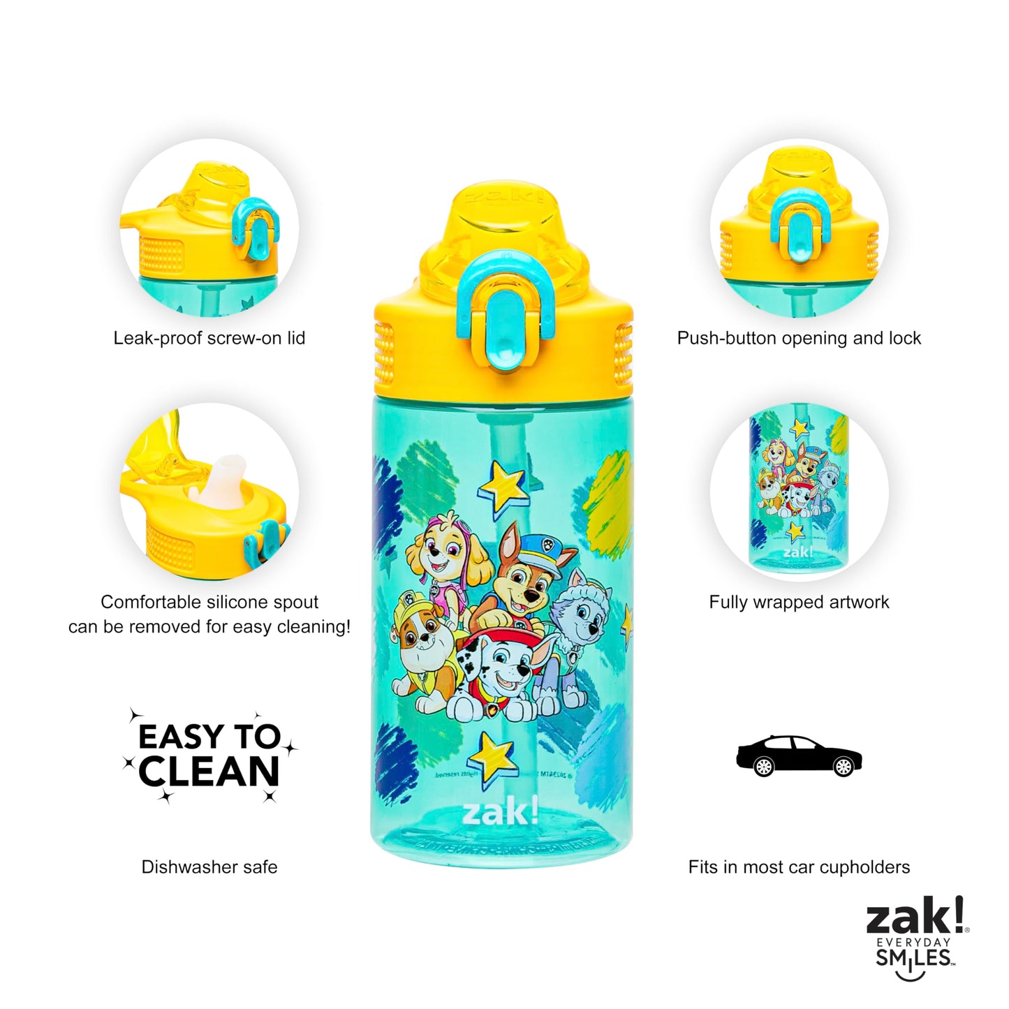 Zak Designs Sage PAW Patrol Water Bottle For School or Travel, 16oz Durable Plastic Water Bottle With Straw, Handle, and Leak-Proof, Pop-Up Spout Cover (Chase, Marshall, Skye, Rubble, Everest)