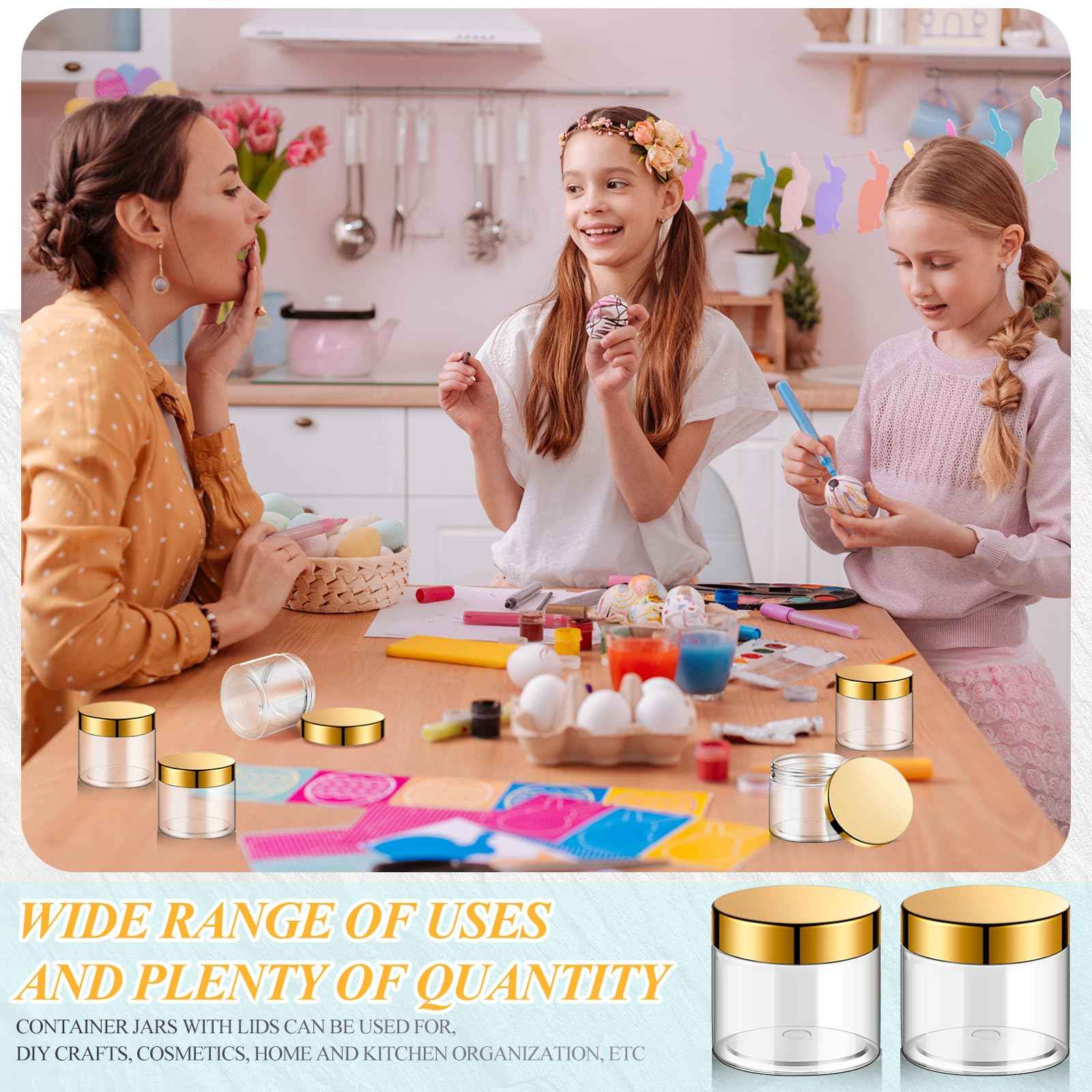 Patelai 48 Pack 6 oz Clear Plastic Jars with Gold Lids Empty Containers Round Clear Plastic Jars Wide-mouth Refillable Storage Organizers for Cosmetics Lotions Butters Slime Making and Food Storage