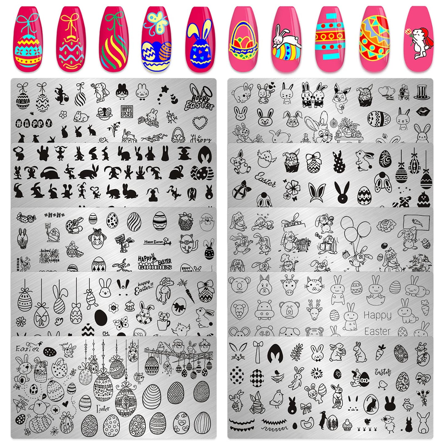 KAAGEE 10Pcs Easter Nail Stamping Plate Bunny Nail Stamp Nail Art Stamping Plates Holiday Nail Design Stamps Nail Stencils Nail Plate Template Tool Nails Accessories