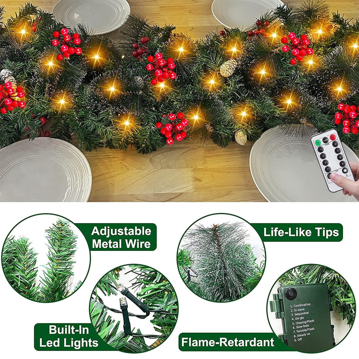 Remote Control - 9 Ft Prelit Christmas Garland 50 Warm Lights Timer 8 Mode Thick 300 Branches 198 Red Berry 18 Pinecone Battery Operated Xmas Decor