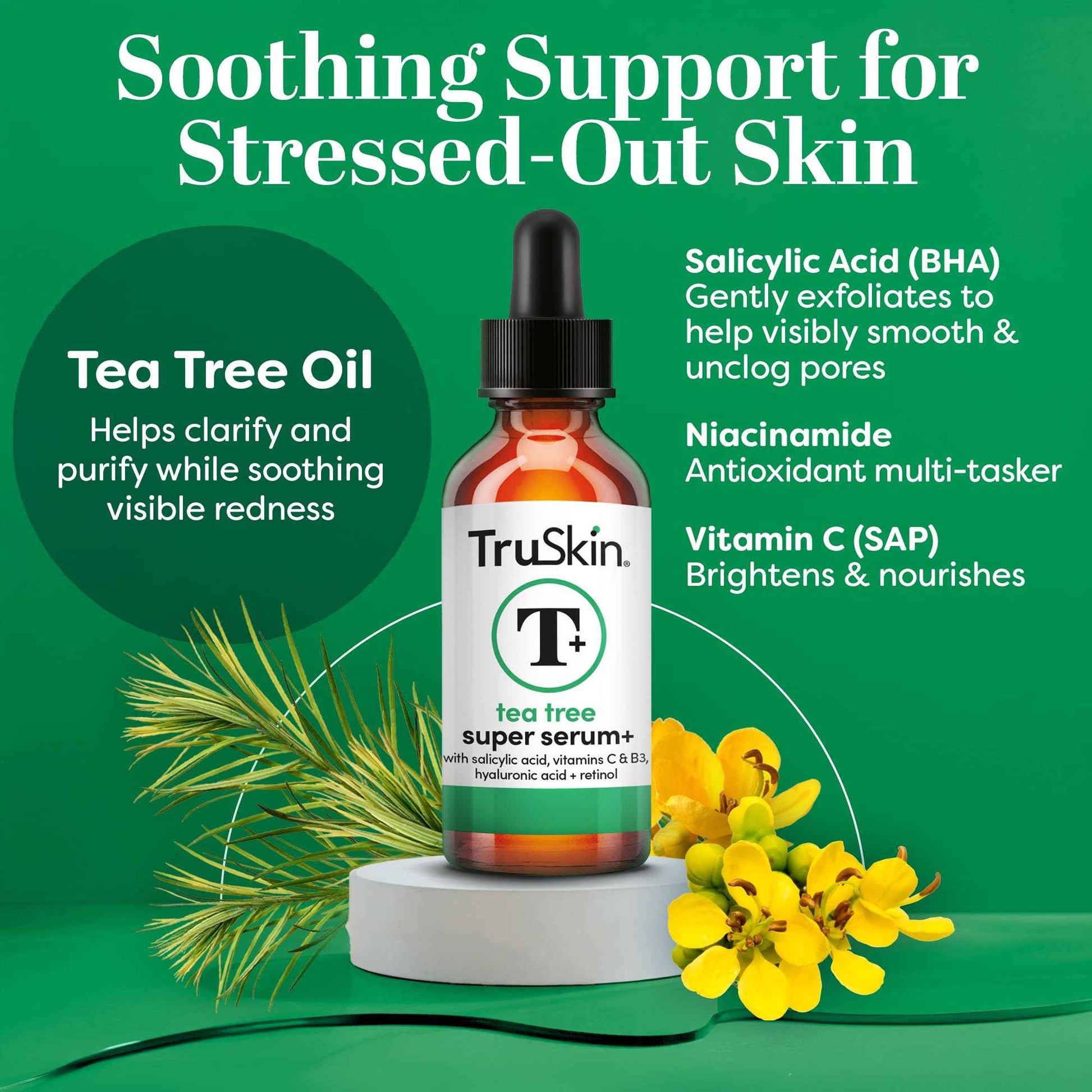 TruSkin Tea Tree Oil Acne Treatment for Face – Acne Serum – Improve the Appearance of Pores, Skin Tone for Smooth, Glowing Skin with Salicylic Acid, Vitamin C, Niacinamide & Retinol, 2 OZ