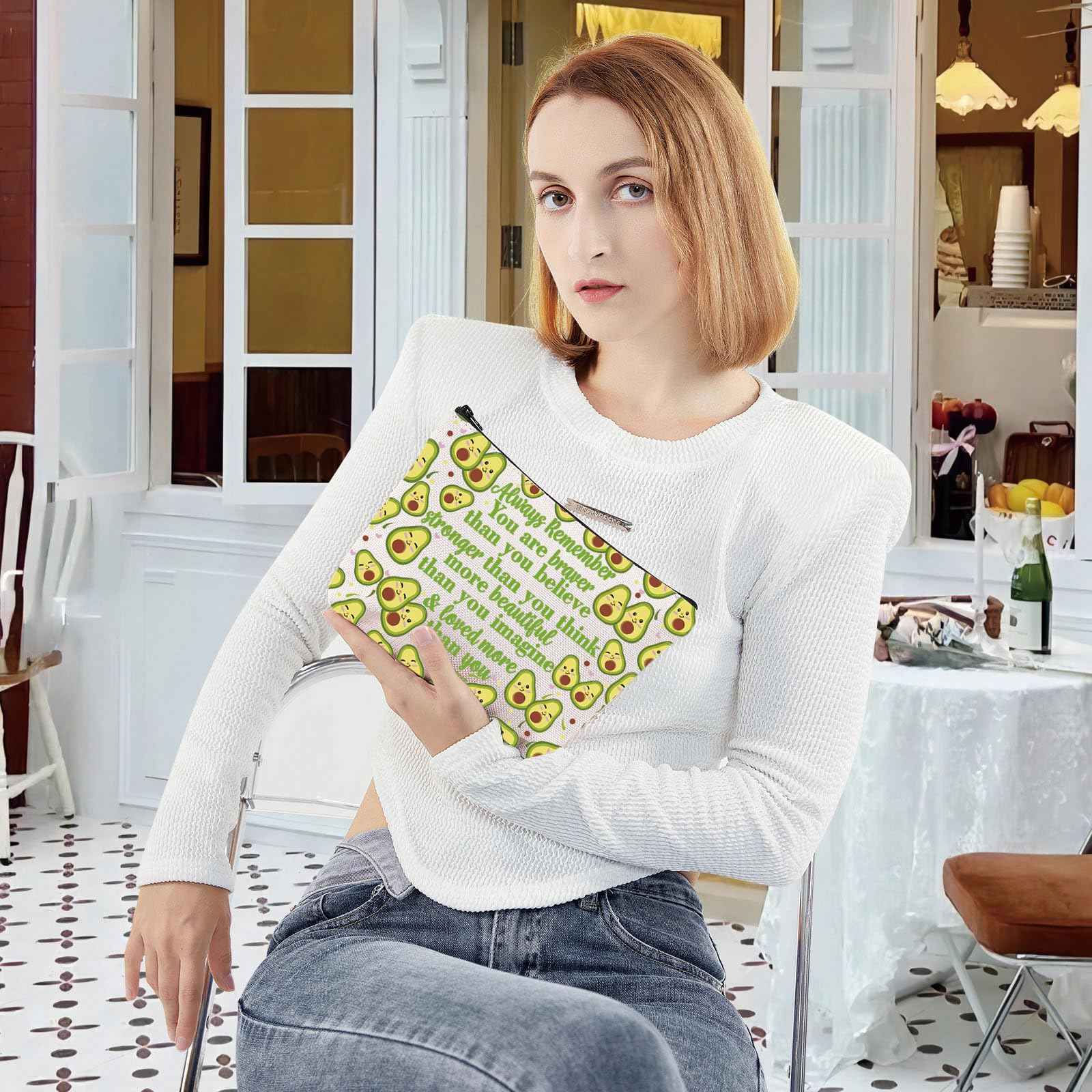 LEVLO Funny Avocado Cosmetic Make up Bag Avocado Lover Inspired Gift Avocado You Are Braver Stronger Smarter Than You Think Makeup Zipper Pouch Bag For Women Girls (Avocado Full Bag)