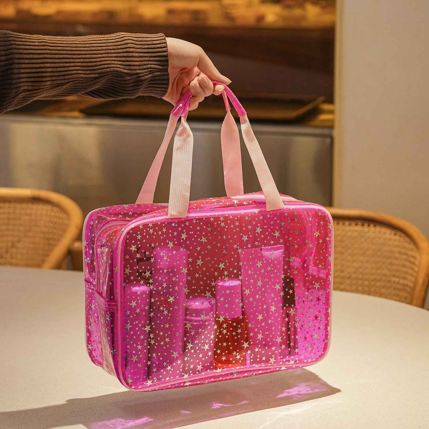 RSRSLEII Clear PVC Star Large Cosmetic Bag, Transparent Large Zippered Opening Makeup Bag, Portable Waterproof Travel Bag with Handle, Gym, Swimming and Beach Bag (01Pink)