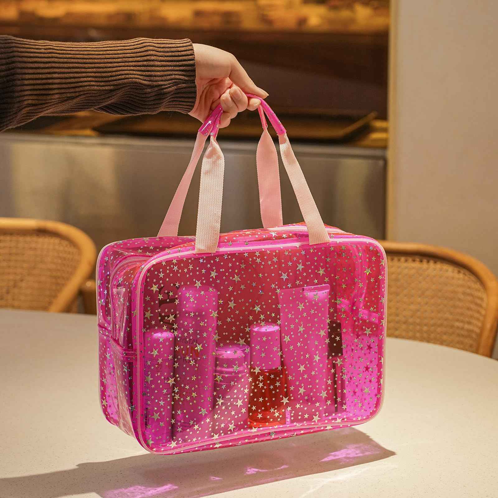 RSRSLEII Clear PVC Star Large Cosmetic Bag, Transparent Large Zippered Opening Makeup Bag, Portable Waterproof Travel Bag with Handle, Gym, Swimming and Beach Bag (01Pink)