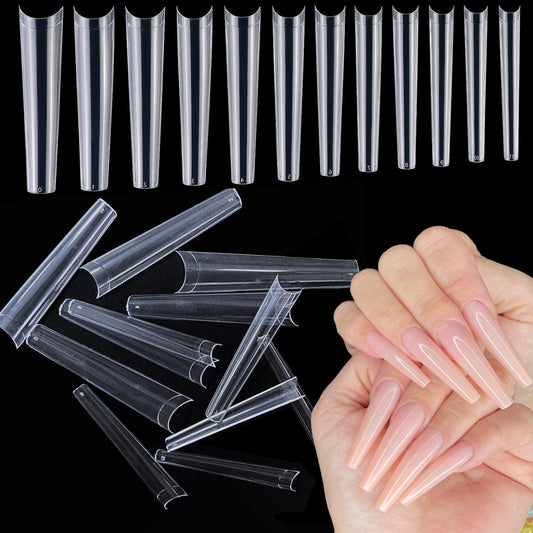 AddFavor 600pcs XXXL Clear Nail Tips Coffin Extra Long 3XL Ballerina Fake Nails No C Acrylic French Half Cover Professional False Nail Tip for Salons & Home DIY, 12 Sizes