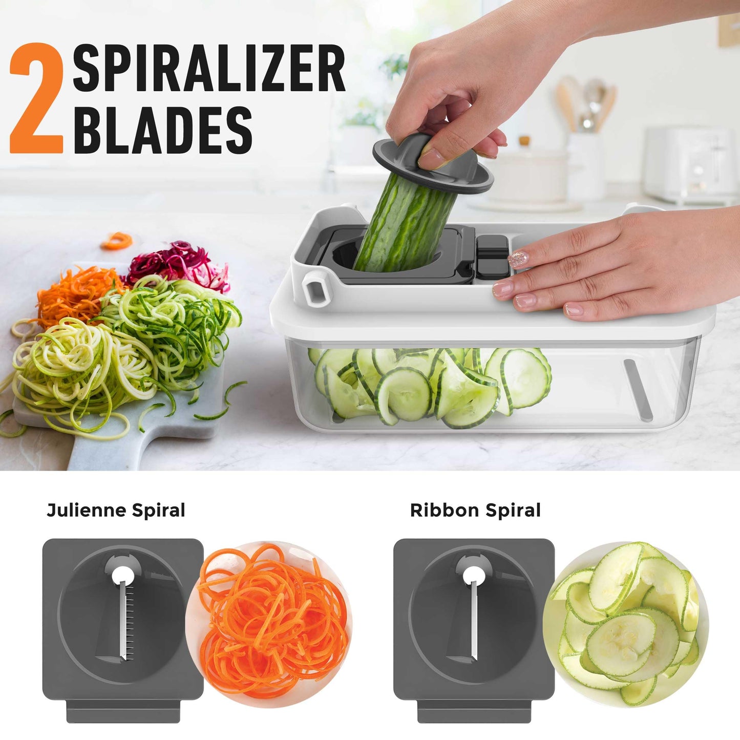 Mueller Pro-Series V Blade Vegetable Chopper, Onion Chopper, Egg Slicer, Spiralizer, Dicer, Food Chopper Veggie Fruit Cutter, French Fry Cutter, Kitchen Gadgets 2024 w Food Container White Sand/Grey